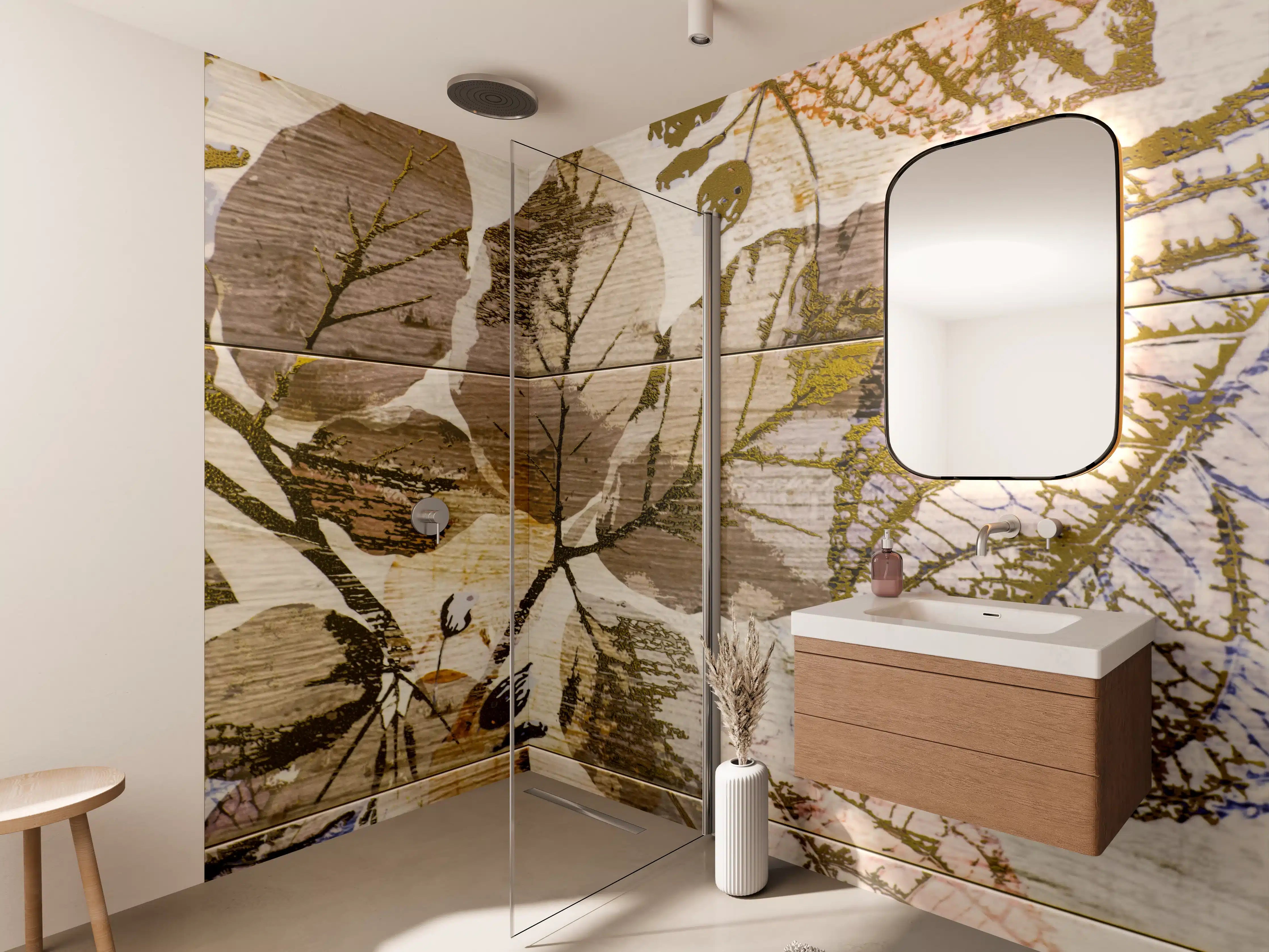 Wandverkleidung Bad - Keramikfliesen Blattmuster Beige