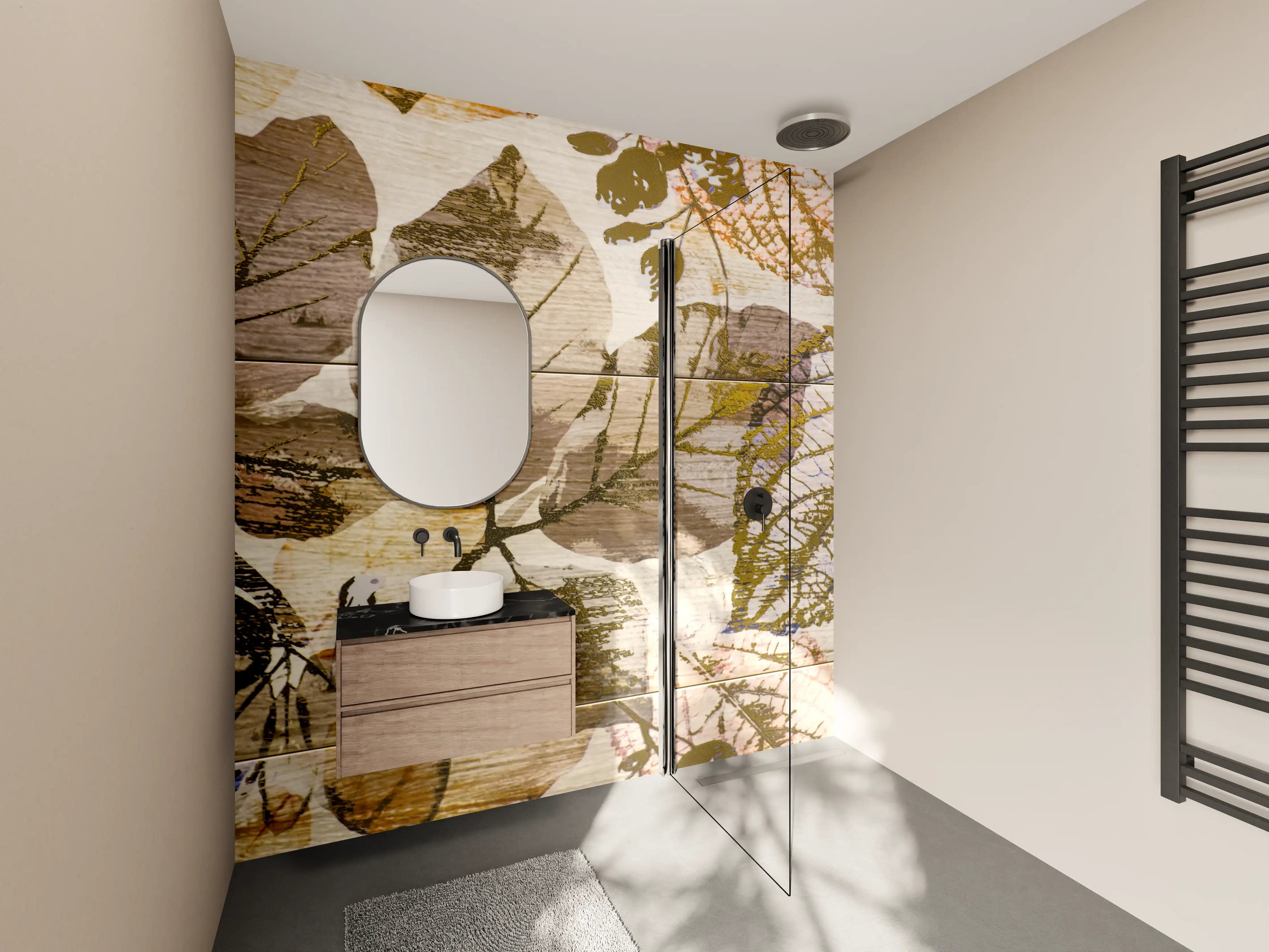 Wandverkleidung Bad - Keramikfliesen Blattmuster Beige