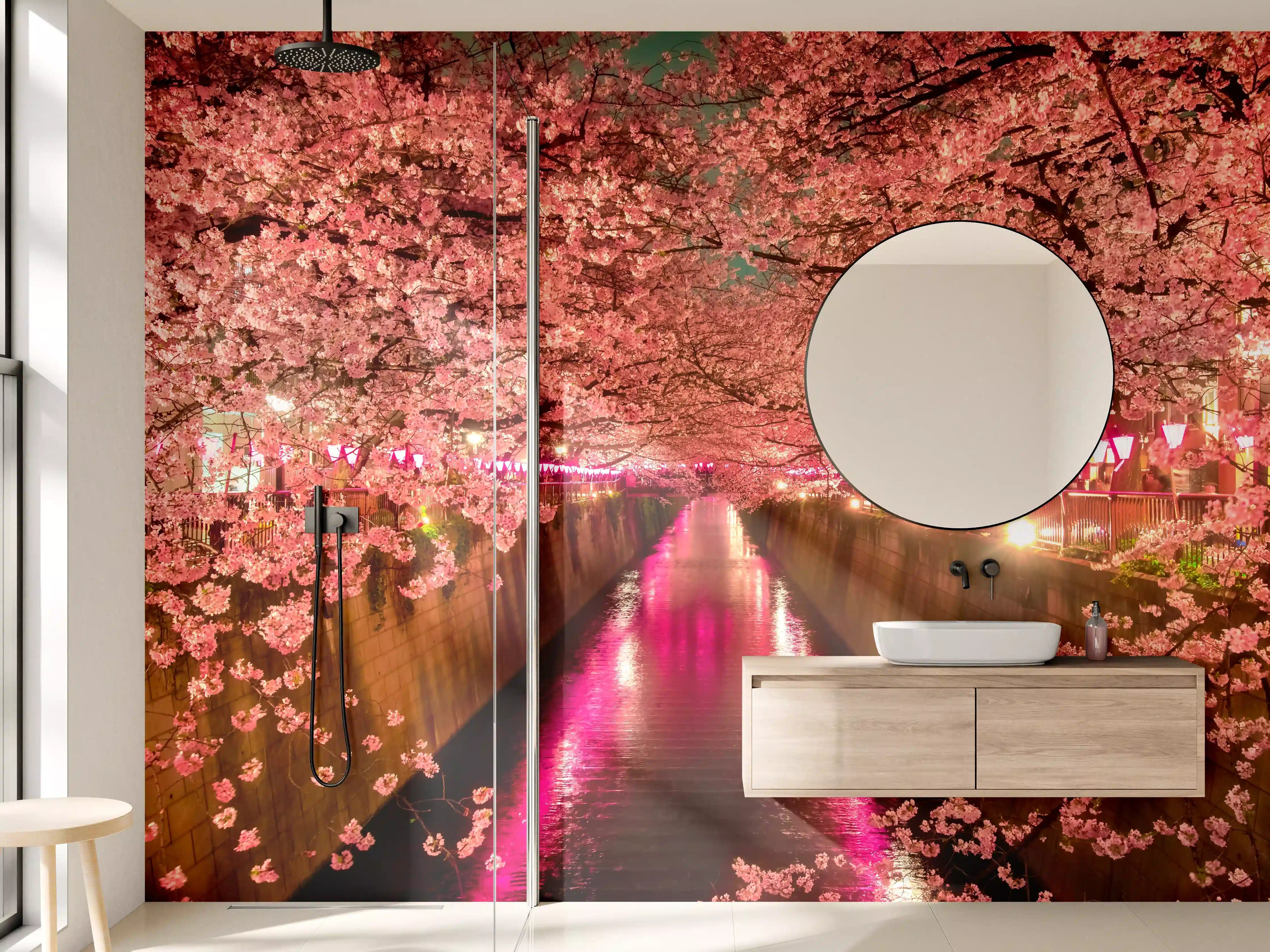 Wandverkleidung Bad - Kirschblüten bei Nacht in Tokio