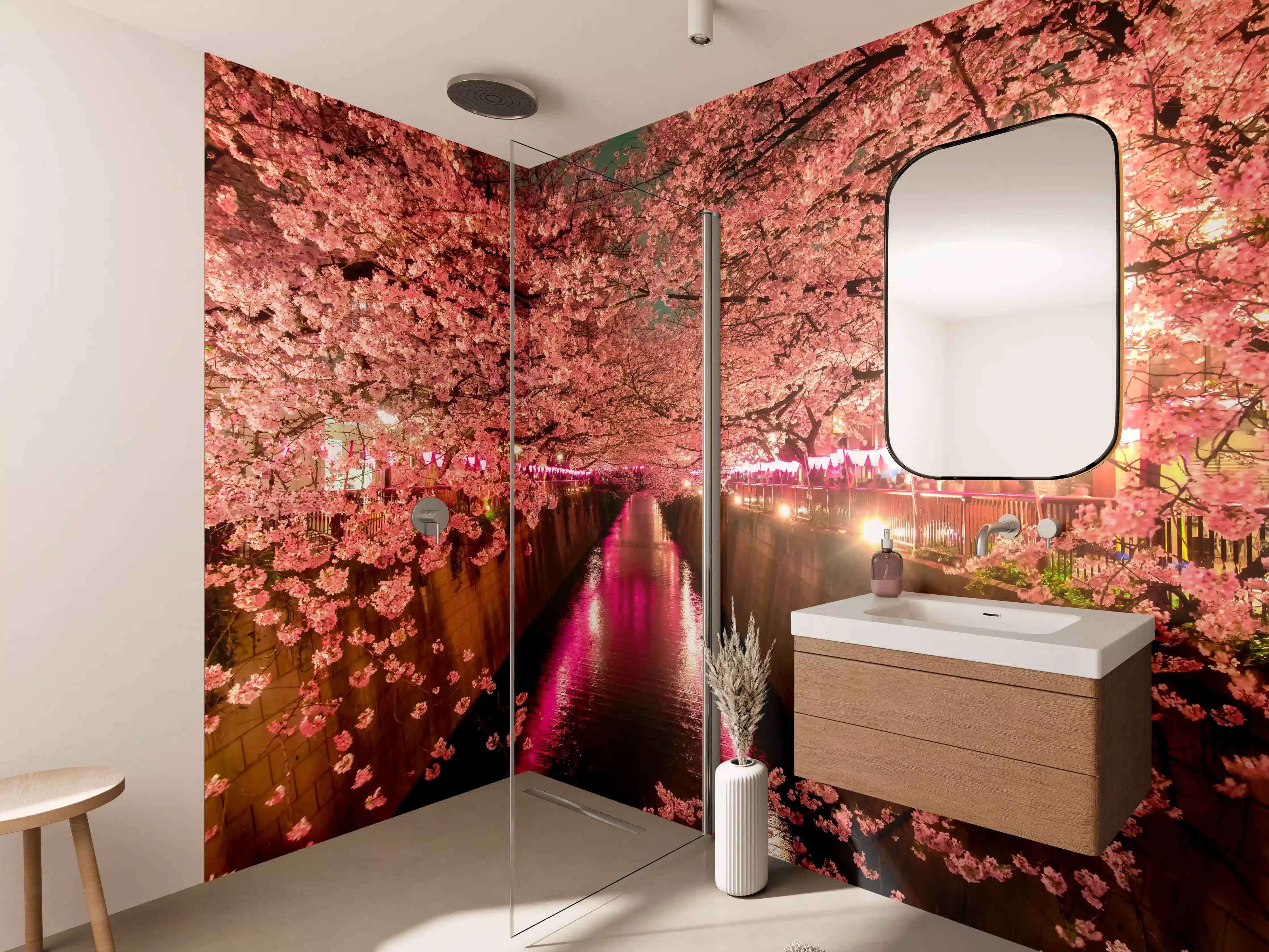 Wandverkleidung Bad - Kirschblüten bei Nacht in Tokio