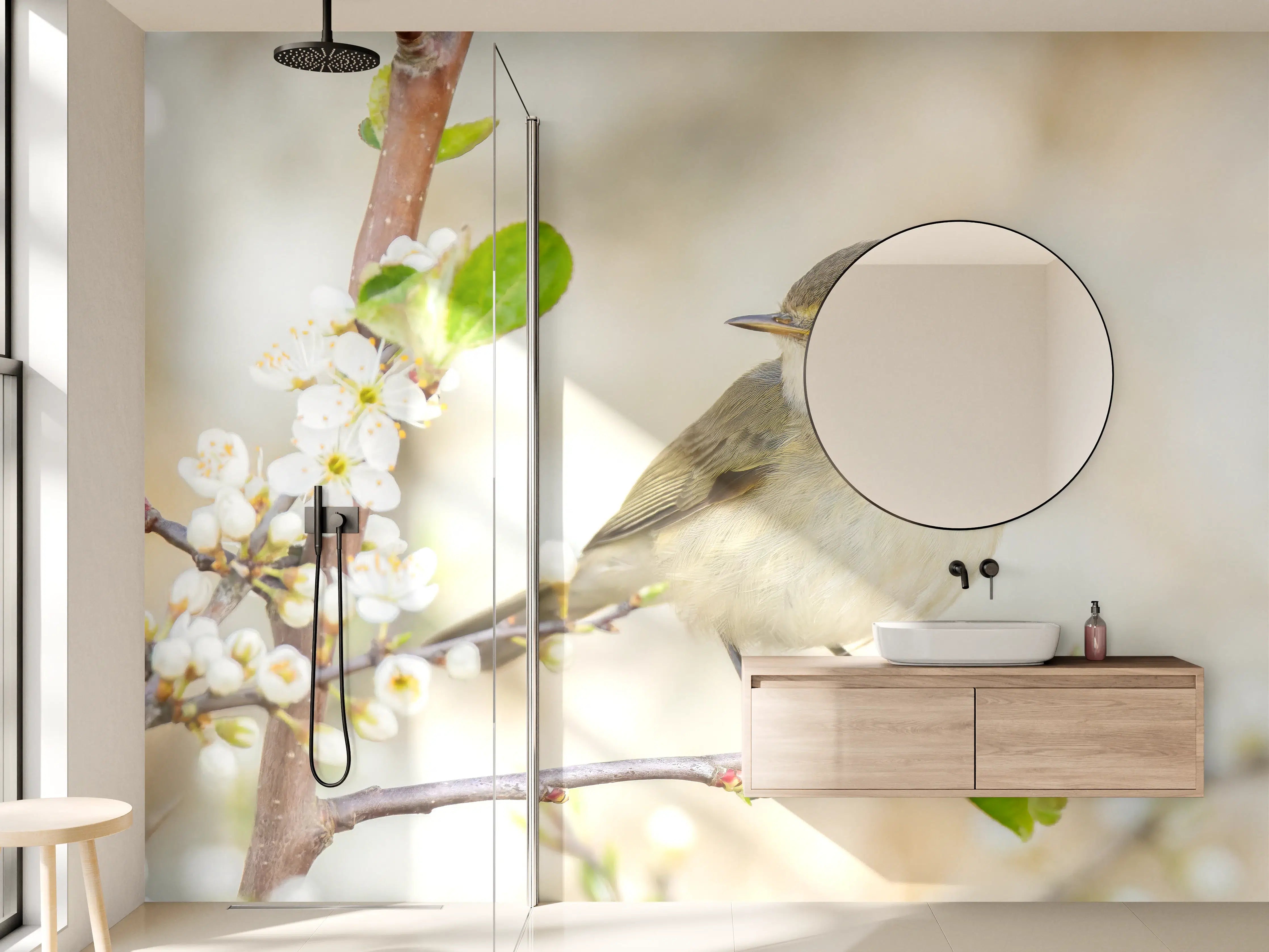Wandverkleidung Bad - Kleiner Vogel am Baumzweig