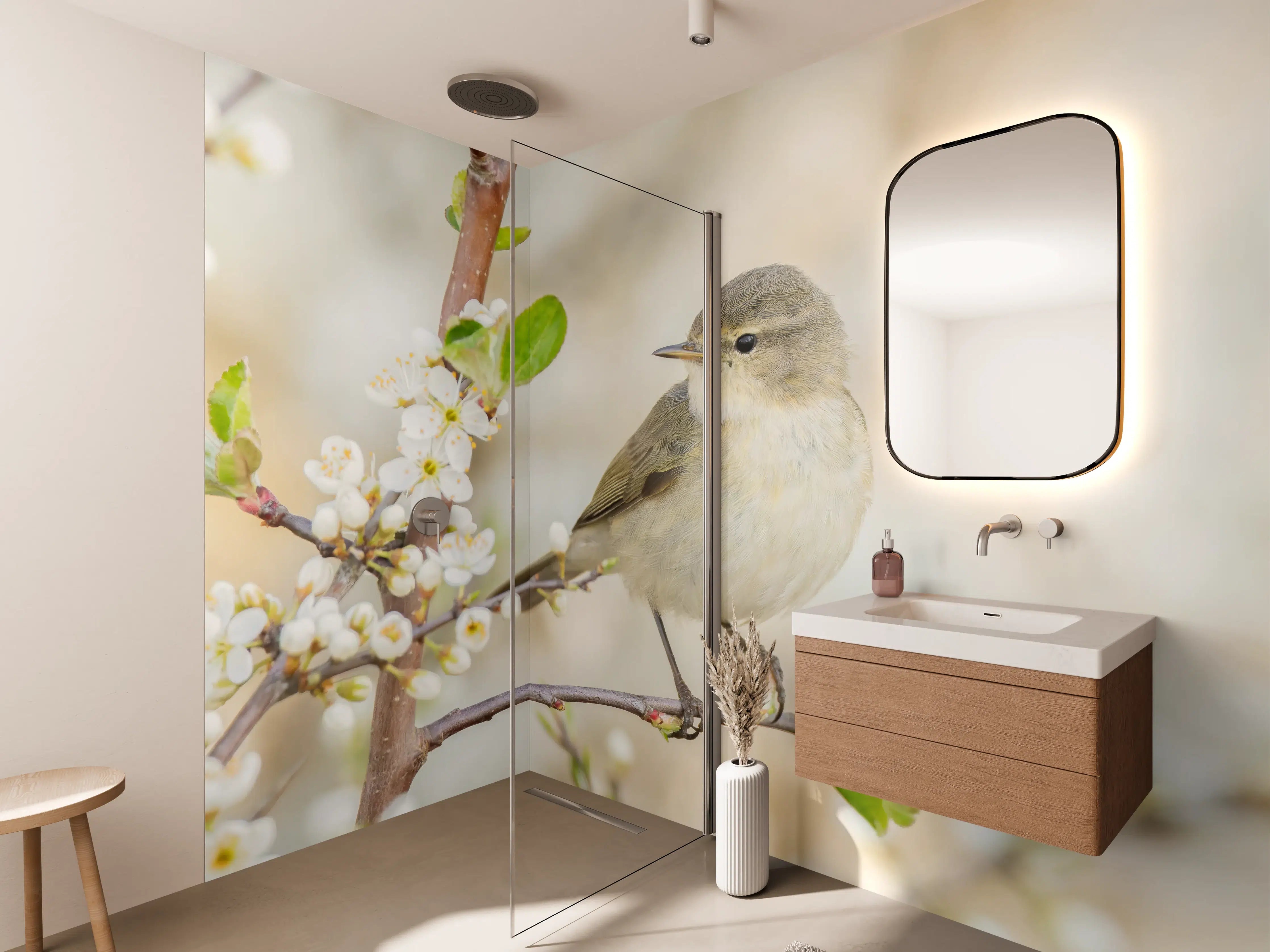 Wandverkleidung Bad - Kleiner Vogel am Baumzweig
