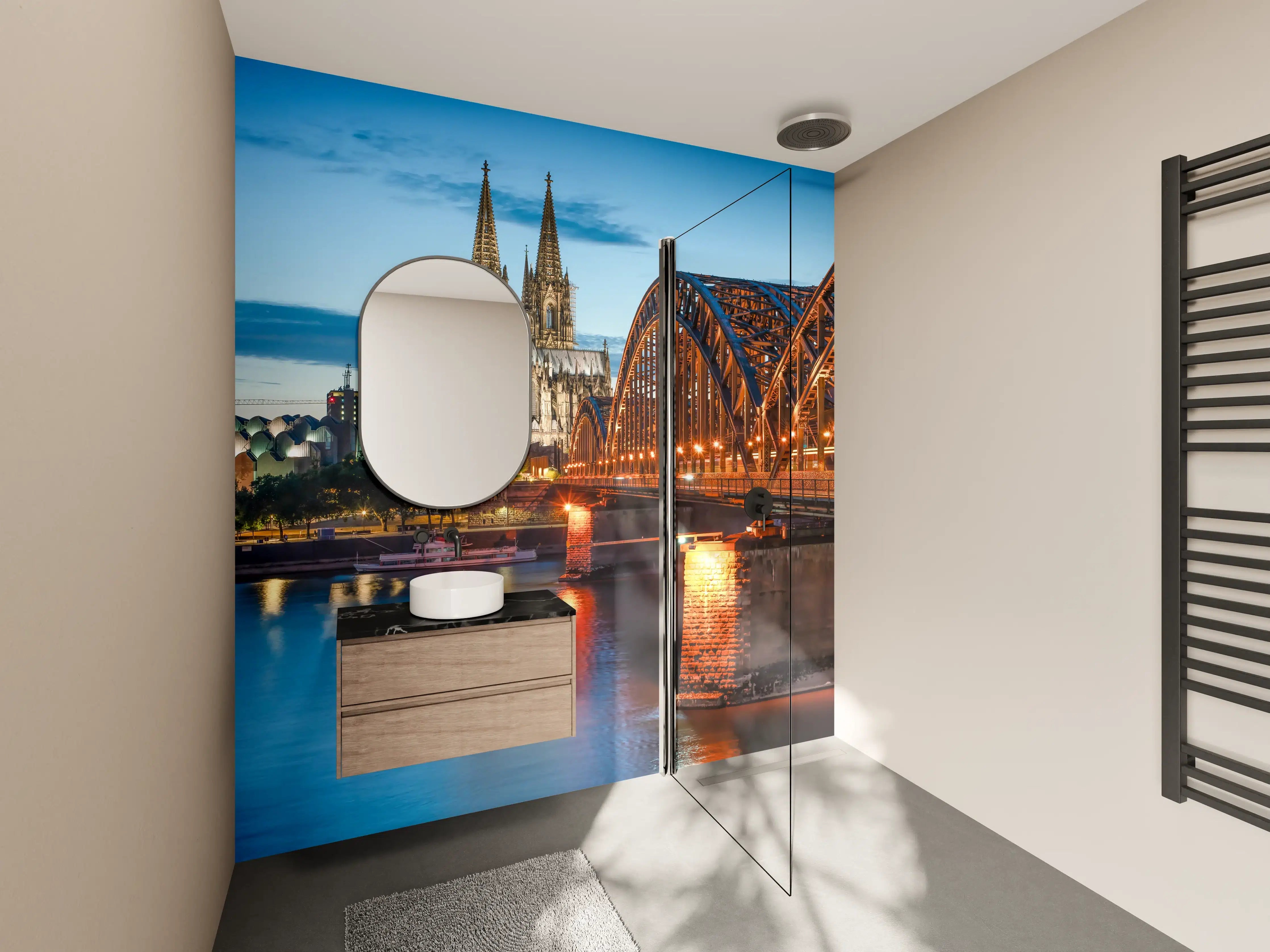 Wandverkleidung Bad - Kölner Dom und Hohenzollernbrücke bei Nacht