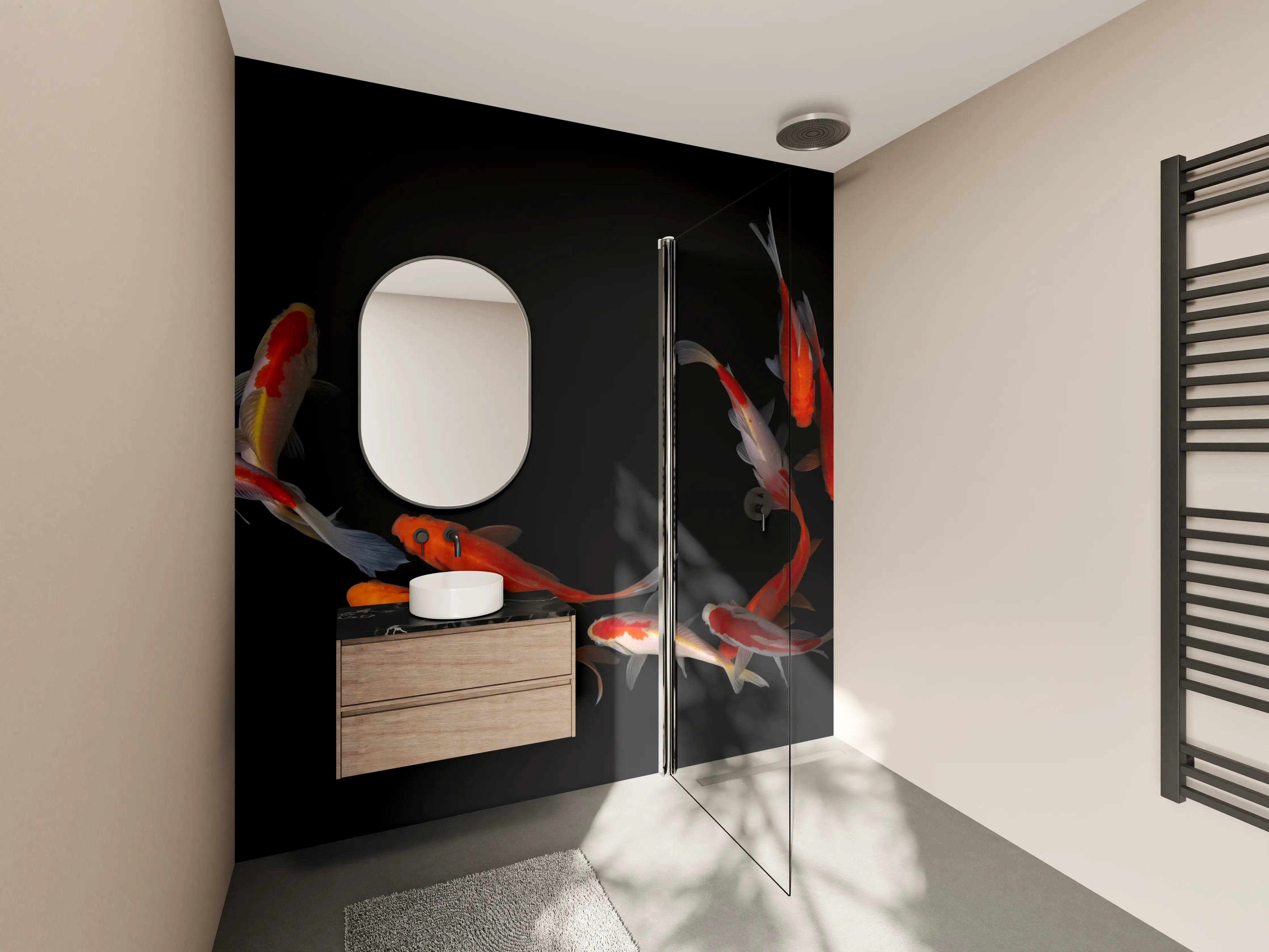 Wandverkleidung Bad - Koi Fische auf schwarzem Hintergrund
