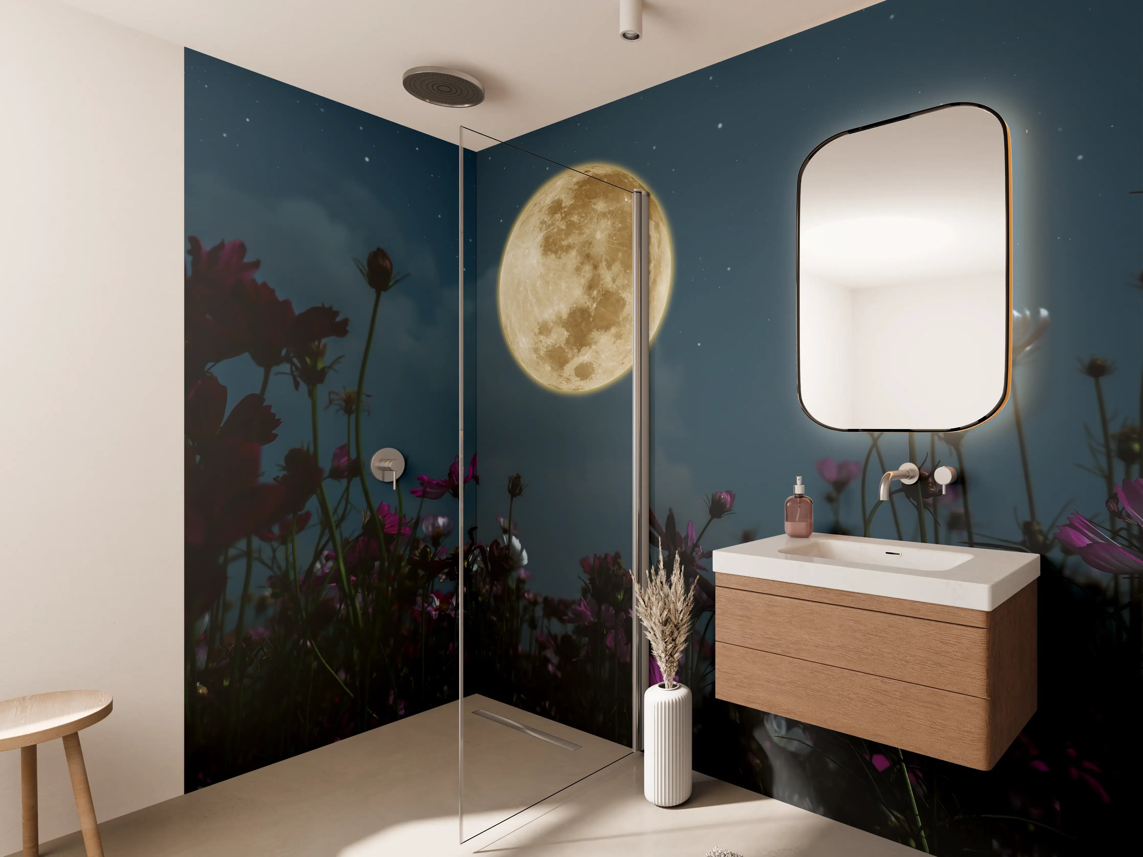 Wandverkleidung Bad - Kosmosblüten bei Vollmond