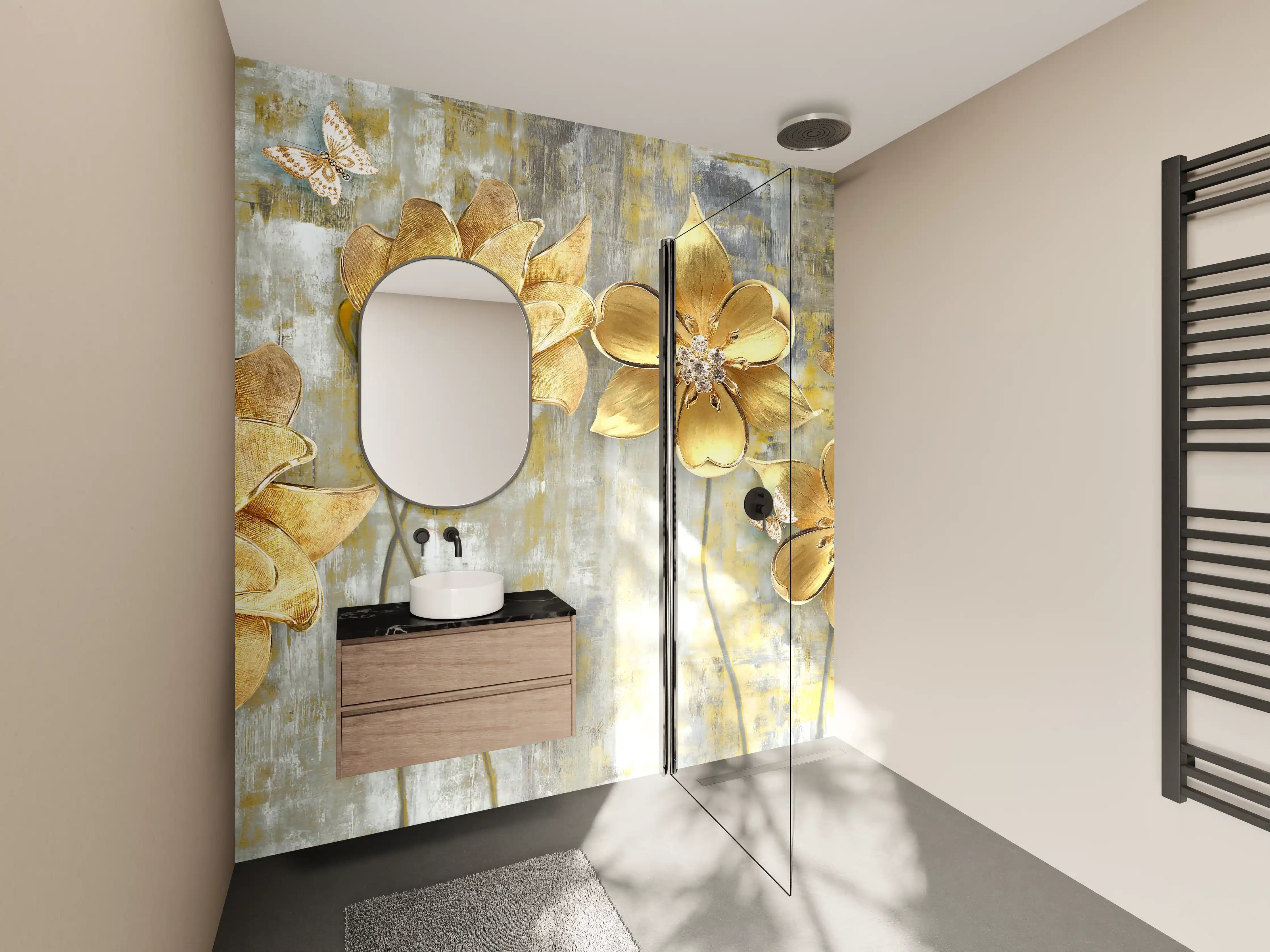 Wandverkleidung Bad - Künstlerische Blattgold-Blumen