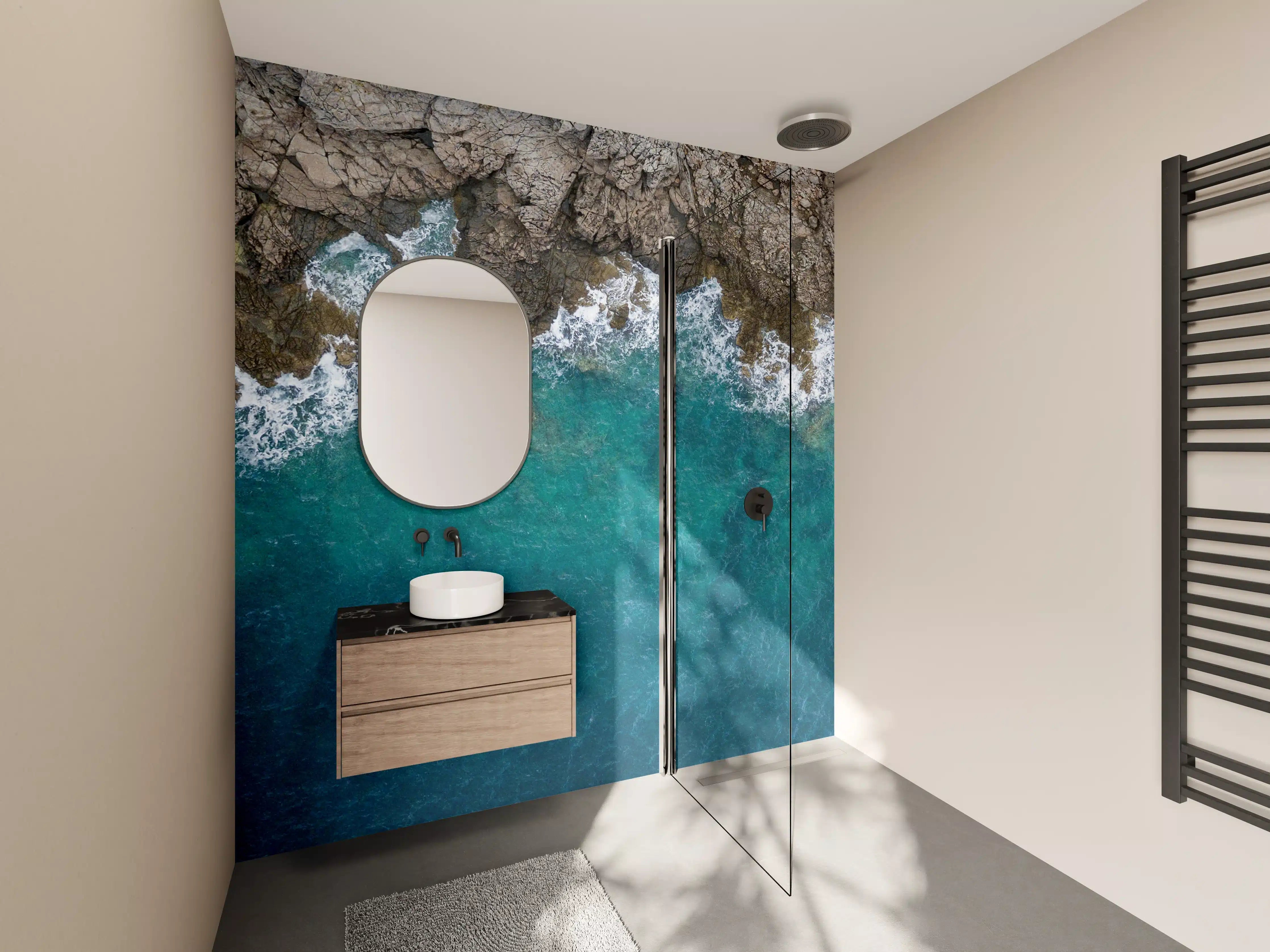 Wandverkleidung Bad - Küstenfelsen und Meer in Blau und Braun