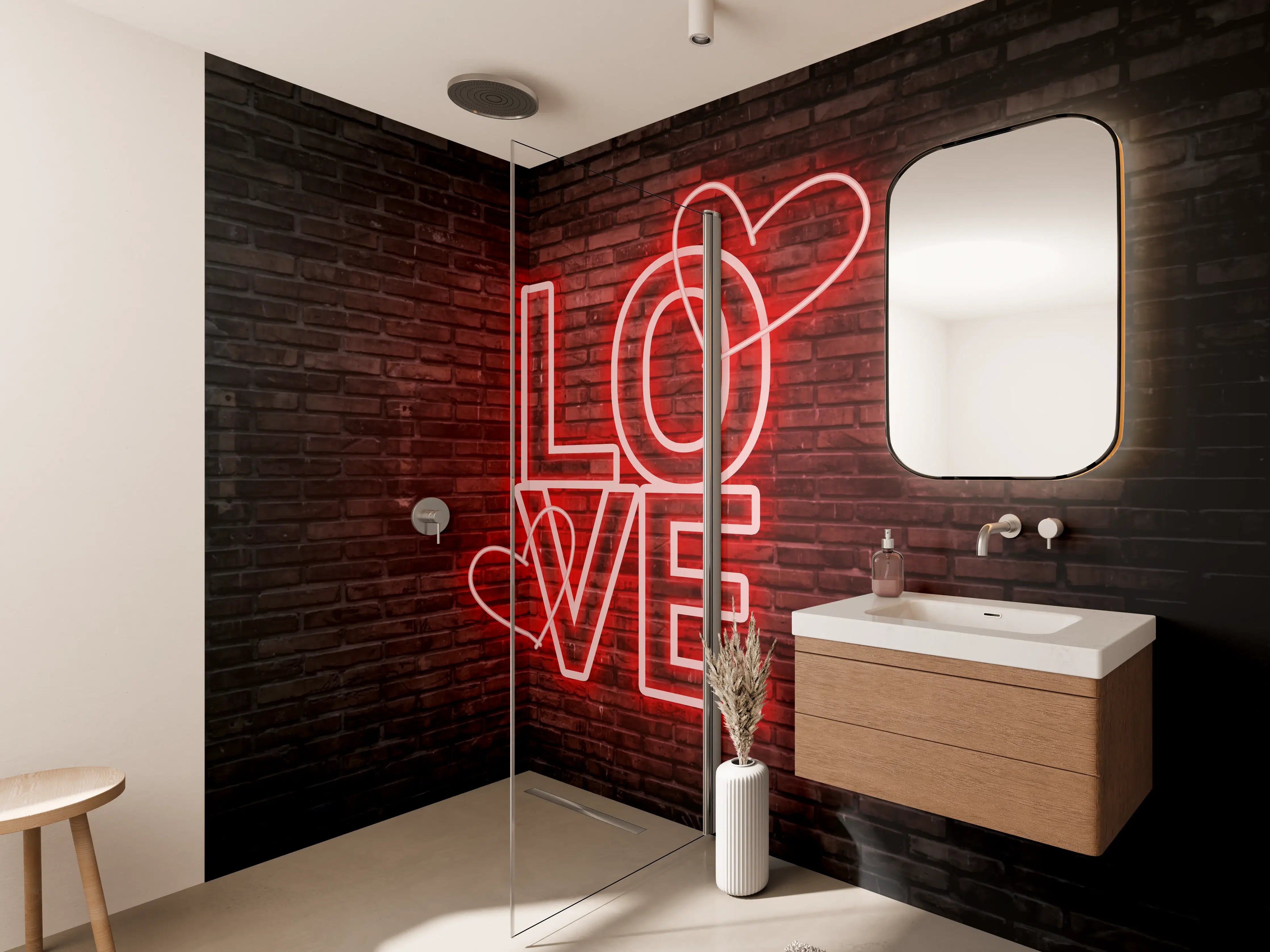 Wandverkleidung Bad - LED Love Symbol an Steinmauer