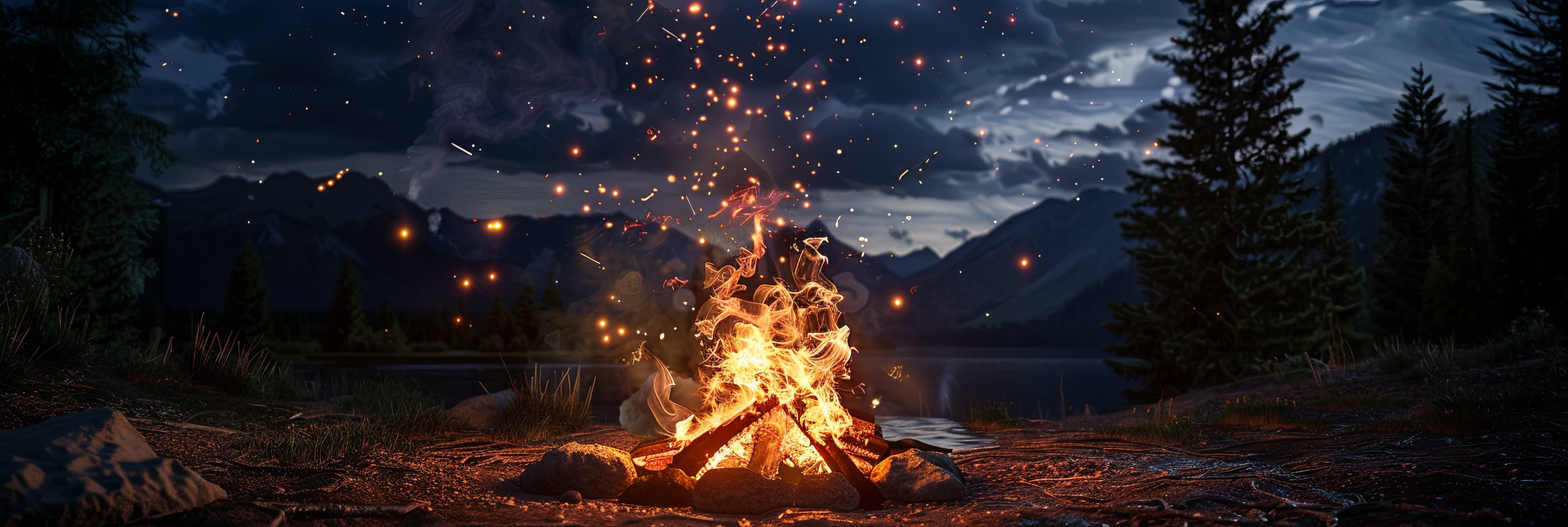 Wandverkleidung Bad-Lagerfeuer bei Nacht vor Bergkulisse