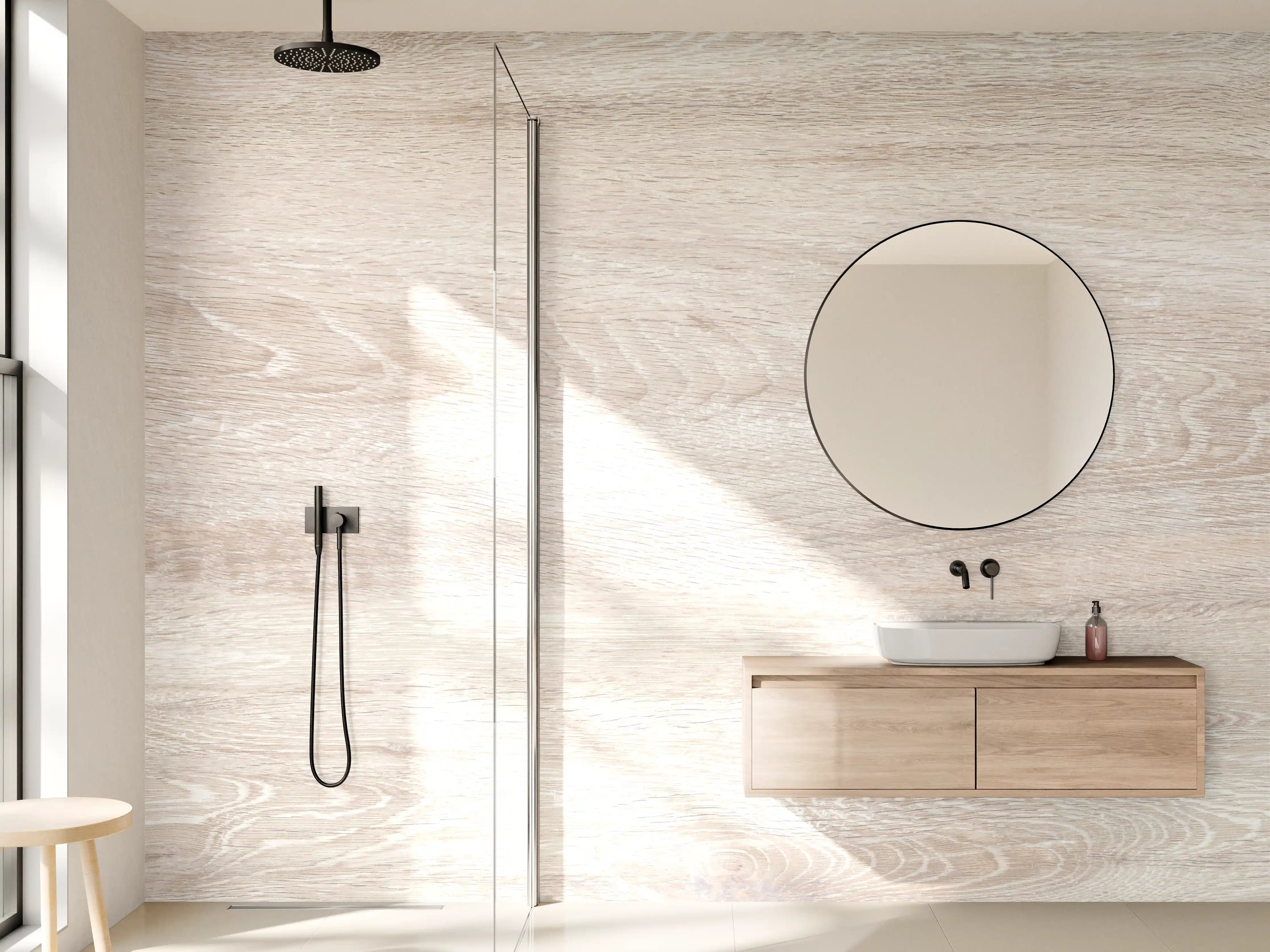 Wandverkleidung Bad - Lange beige Holzplatte