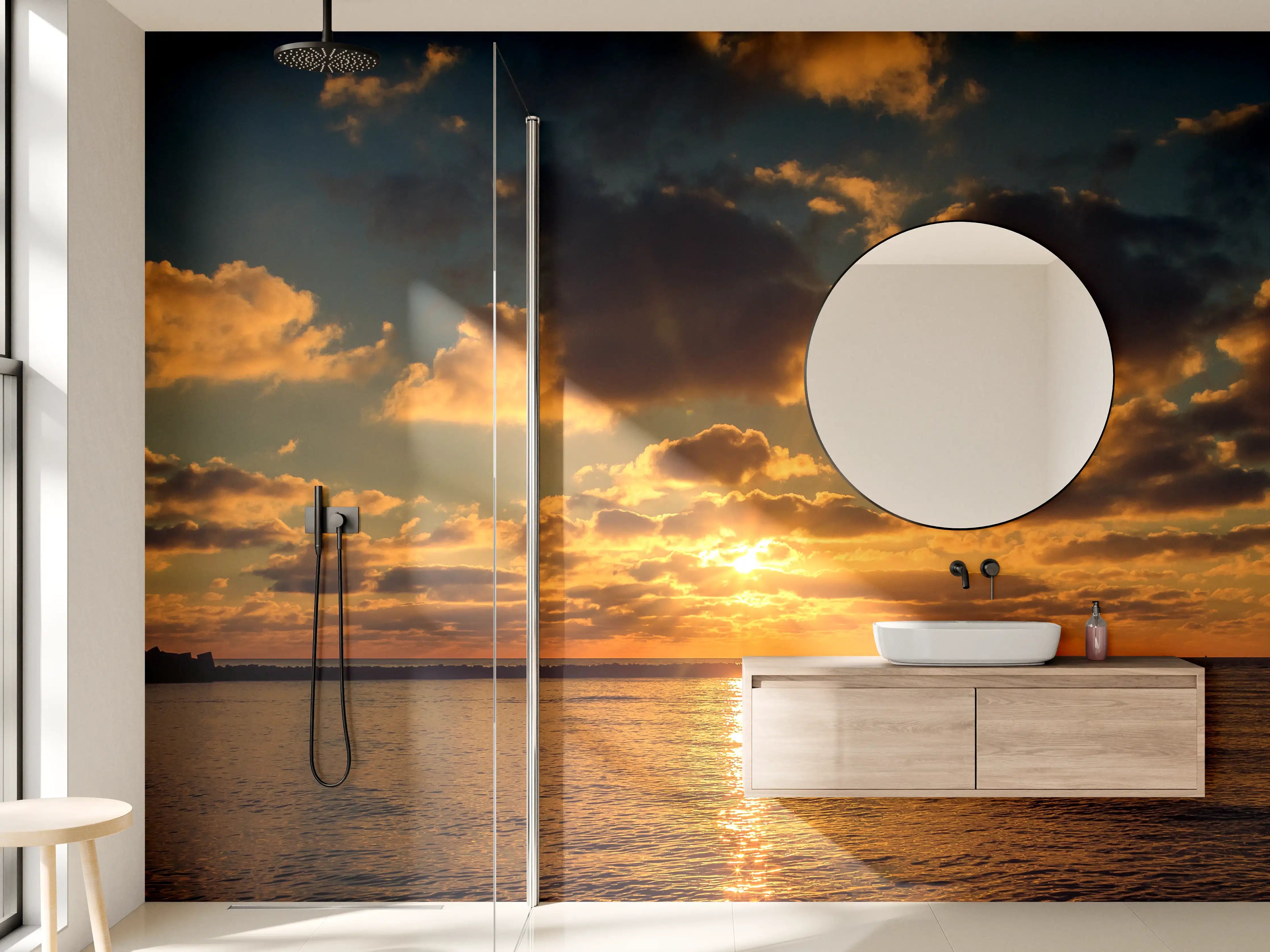 Wandverkleidung Bad - Laue Sonnenuntergangsstimmung am Wasser