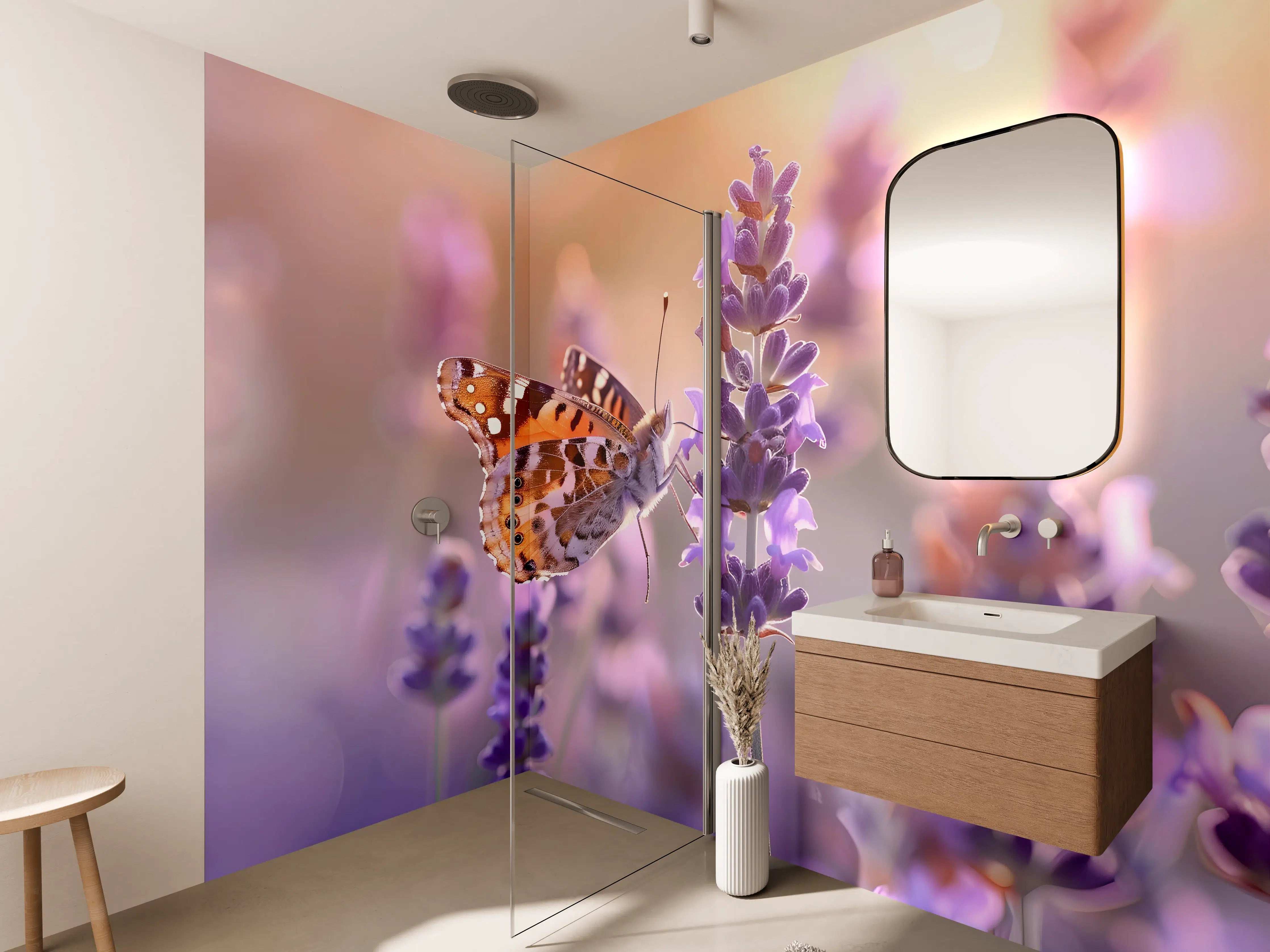 Wandverkleidung Bad - Lavendel-Schmetterling in Pastell