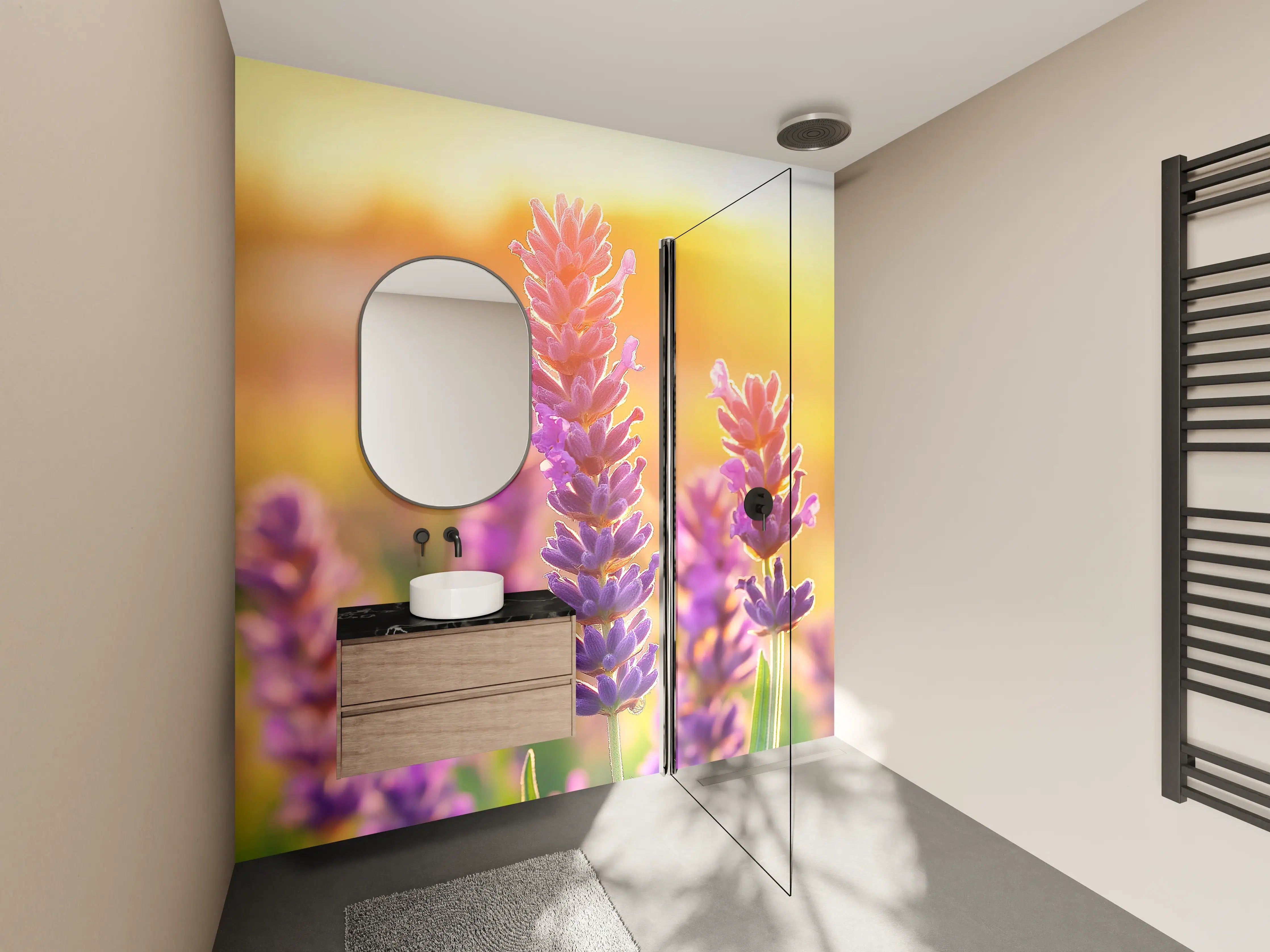 Wandverkleidung Bad - Lavendel in goldenem Abendlicht