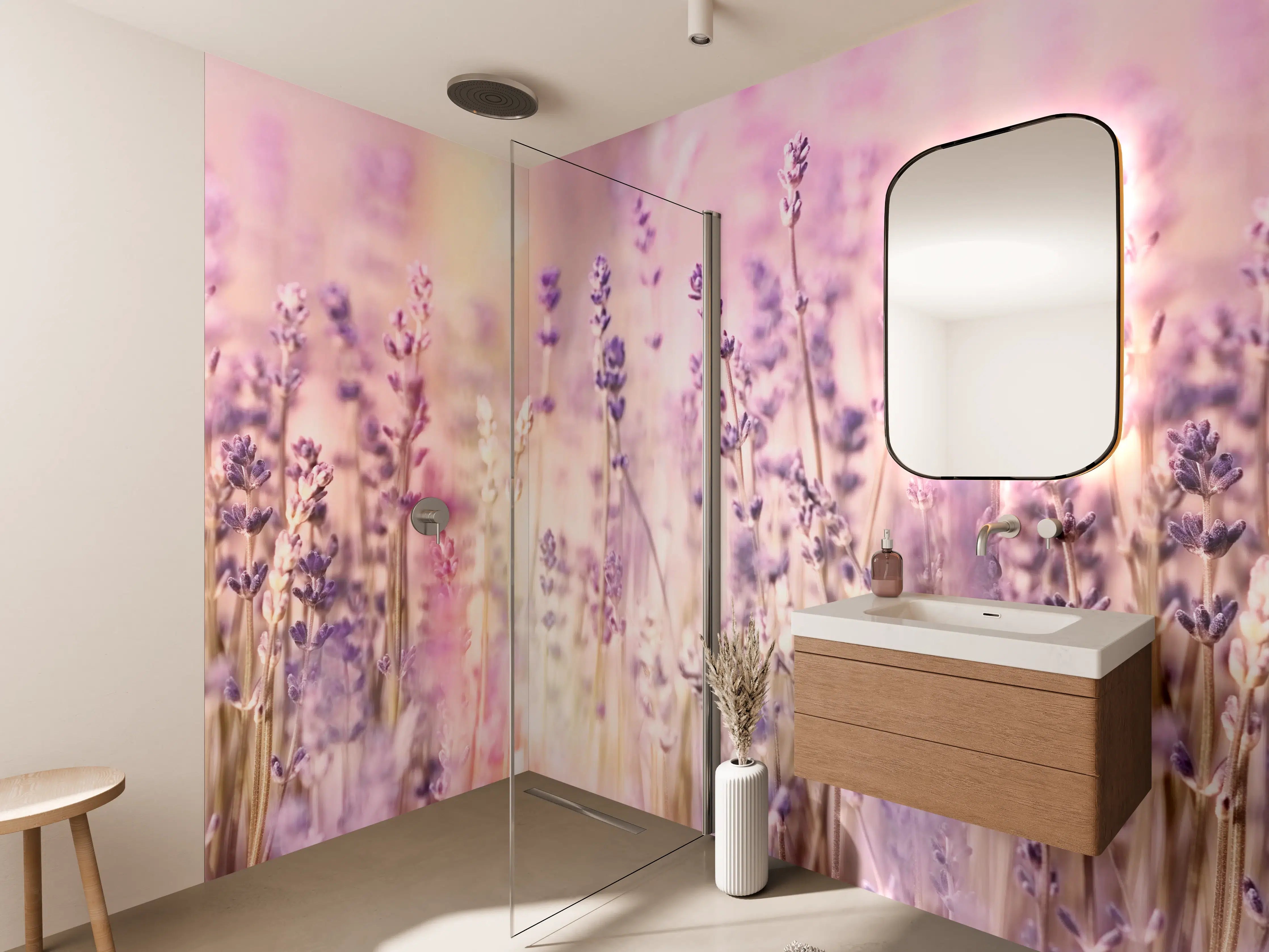 Wandverkleidung Bad - Lavendelfeld Pastell Lila Rosa