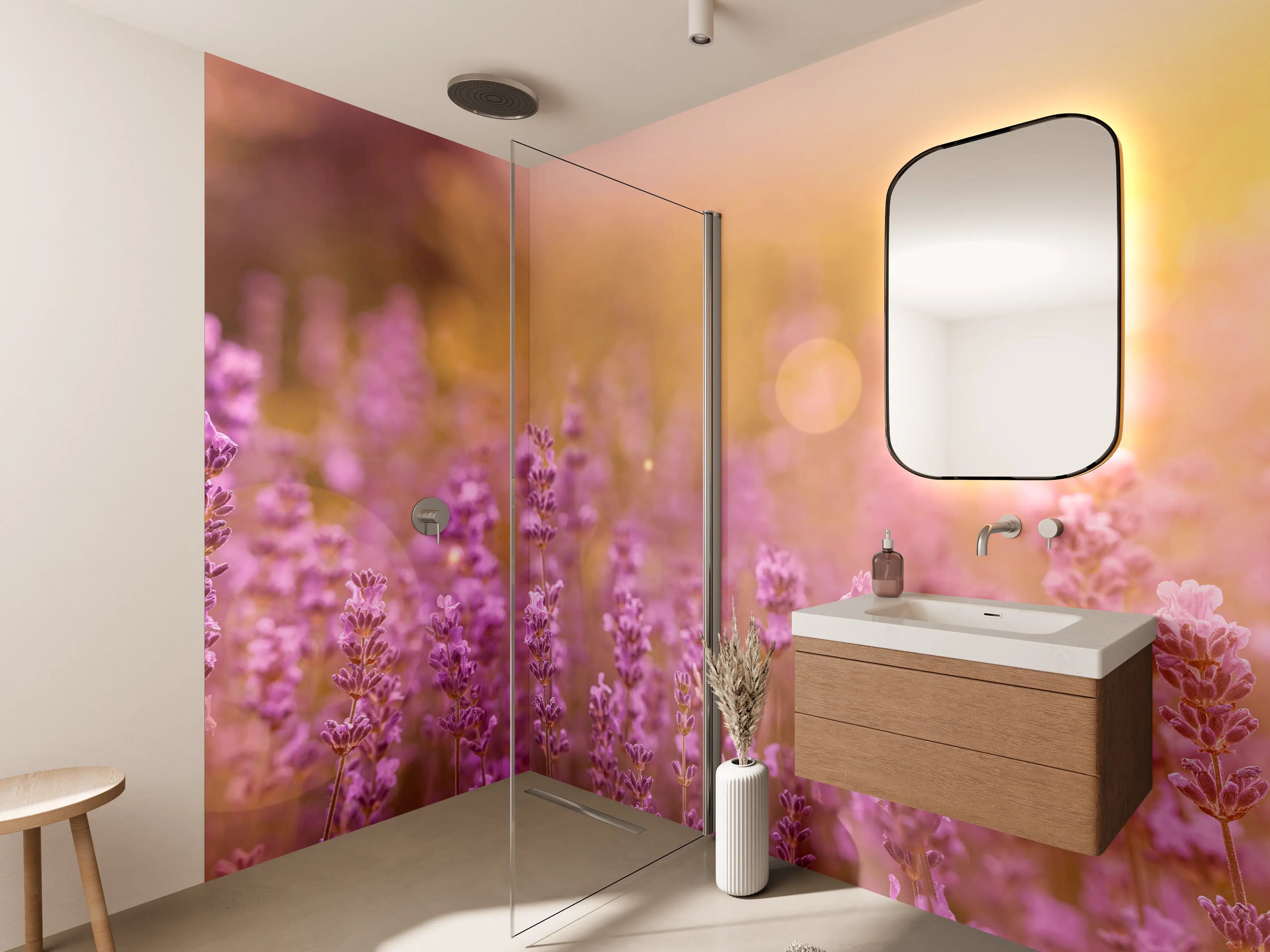 Wandverkleidung Bad - Lavendelfeld im warmen Abendlicht