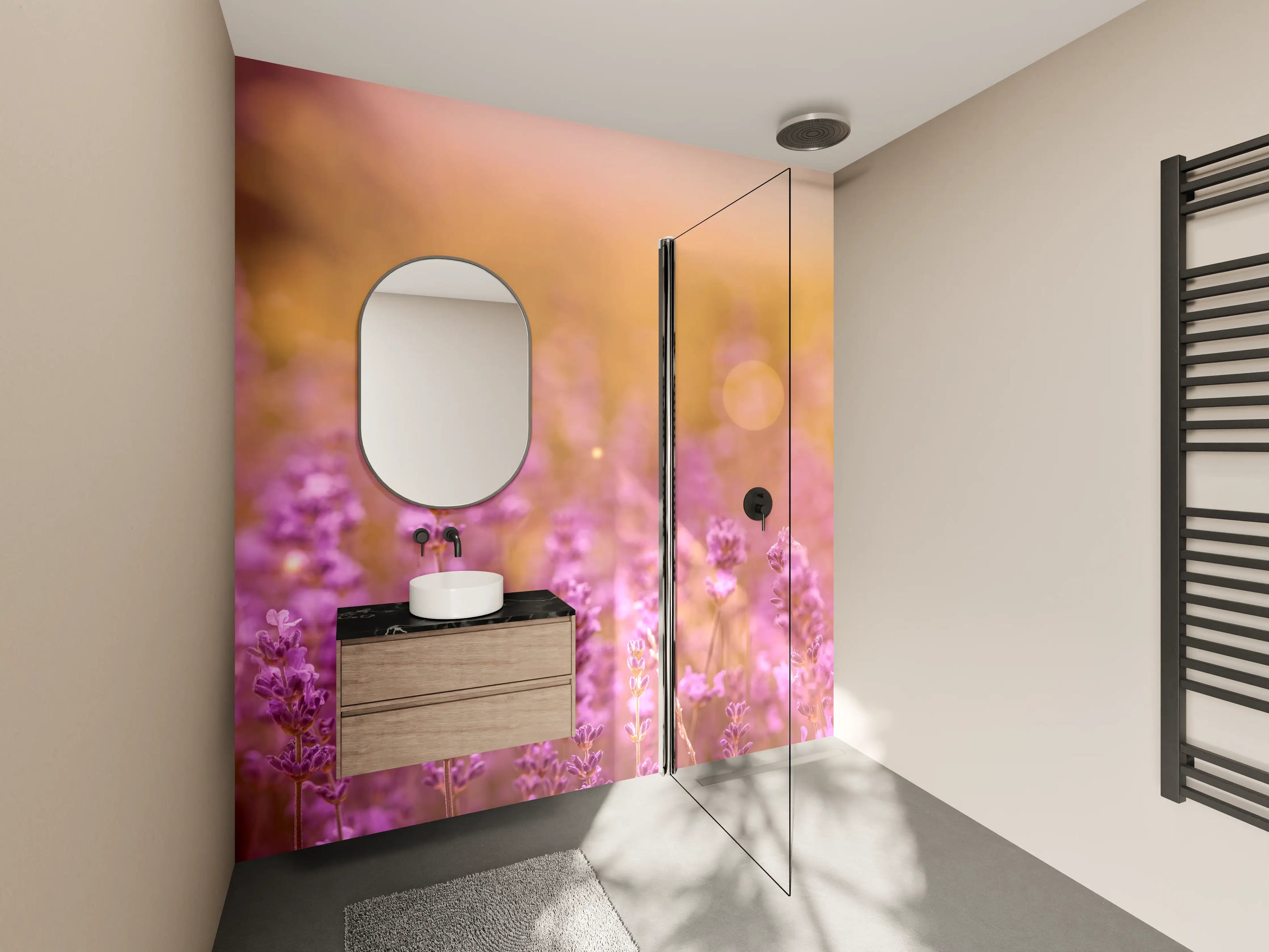 Wandverkleidung Bad - Lavendelfeld im warmen Abendlicht