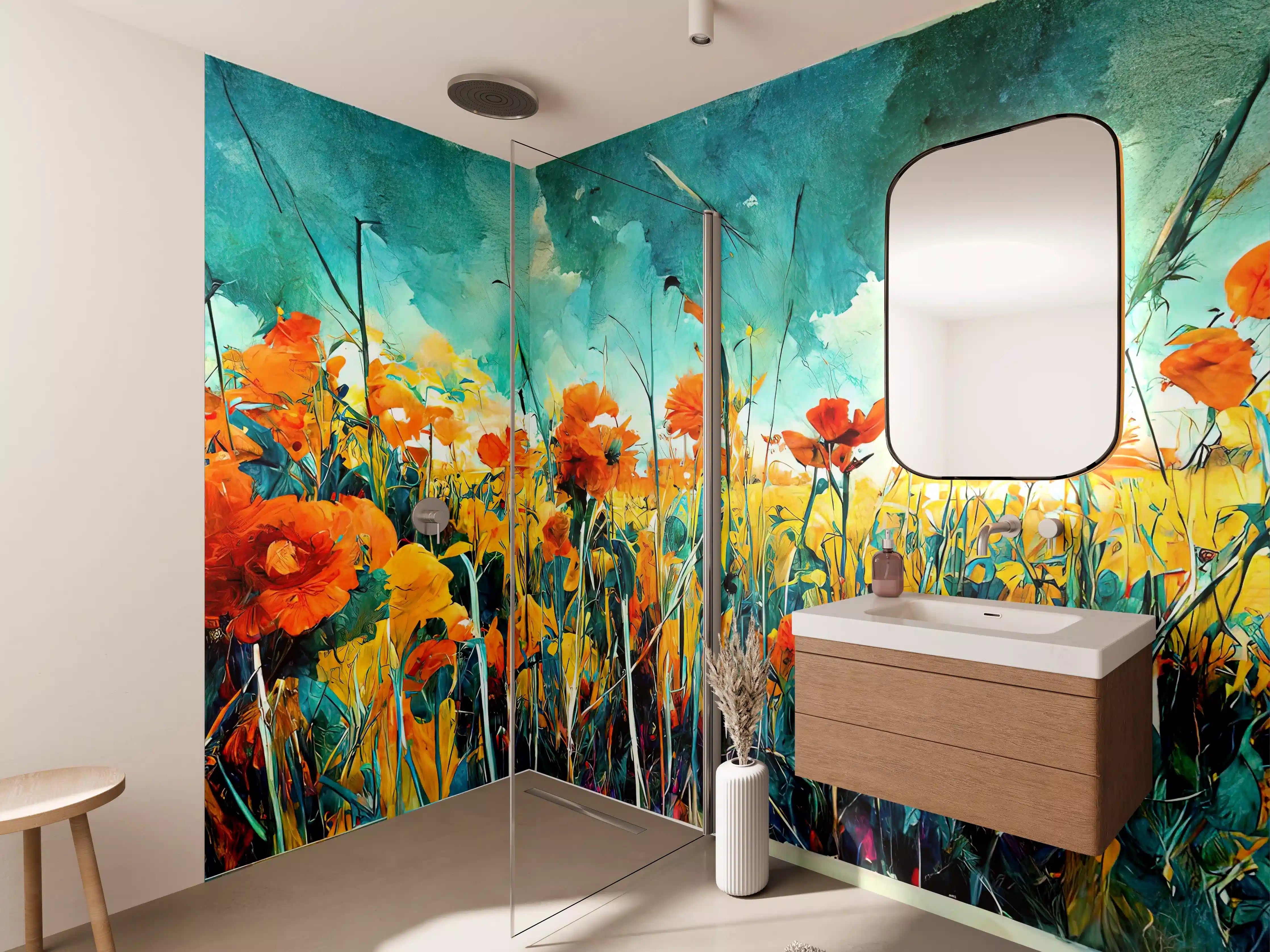Wandverkleidung Bad - Lebendige Wildblumenwiese mit bunten Blüten