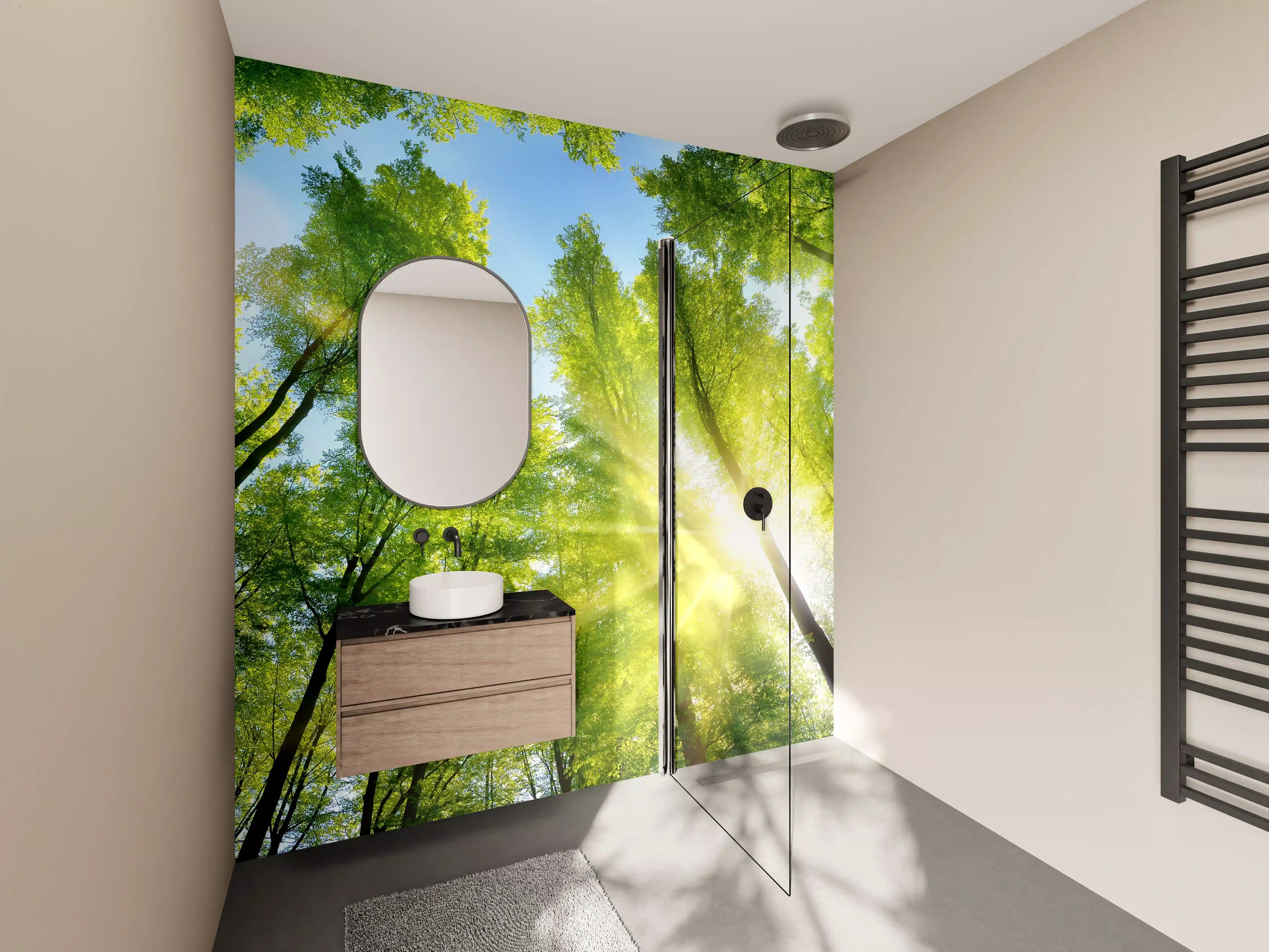 Wandverkleidung Bad - Lebendige grüne Baumkronen mit Sonnenstrahlen