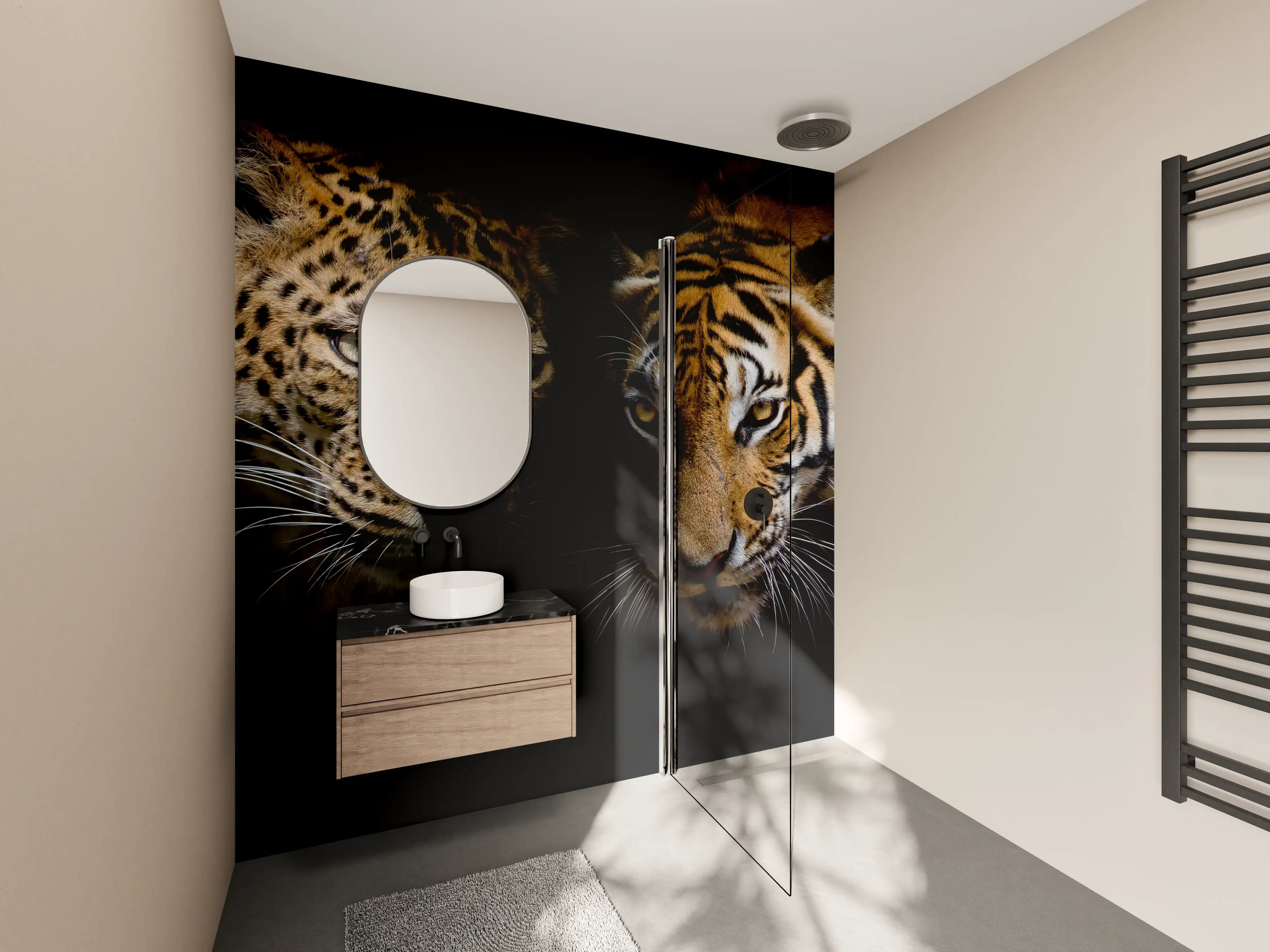 Wandverkleidung Bad - Leopard und Tiger isoliert auf schwarzen Hintergrund