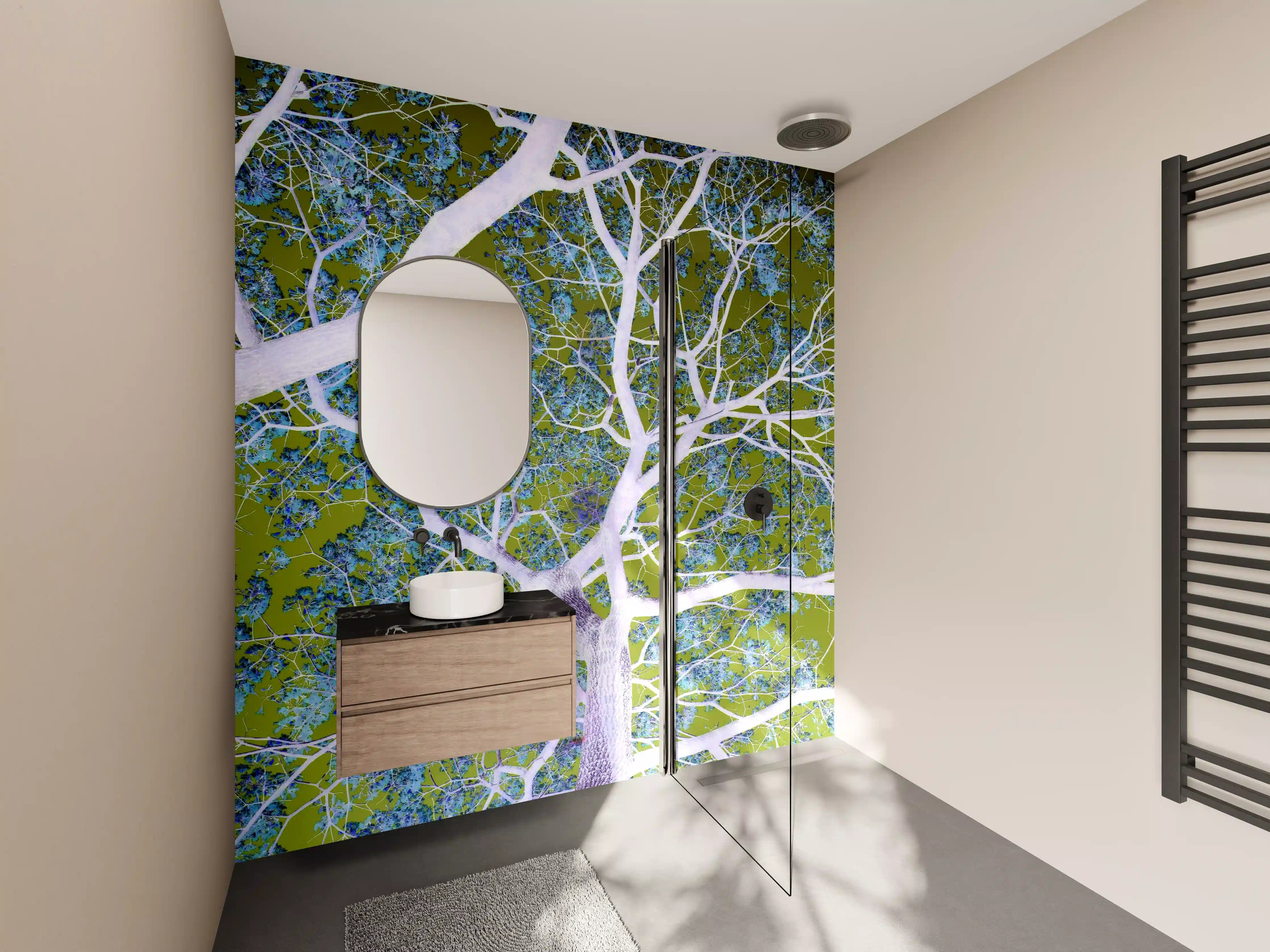 Wandverkleidung Bad - Leuchtend weißer Baum mit grünen Blättern
