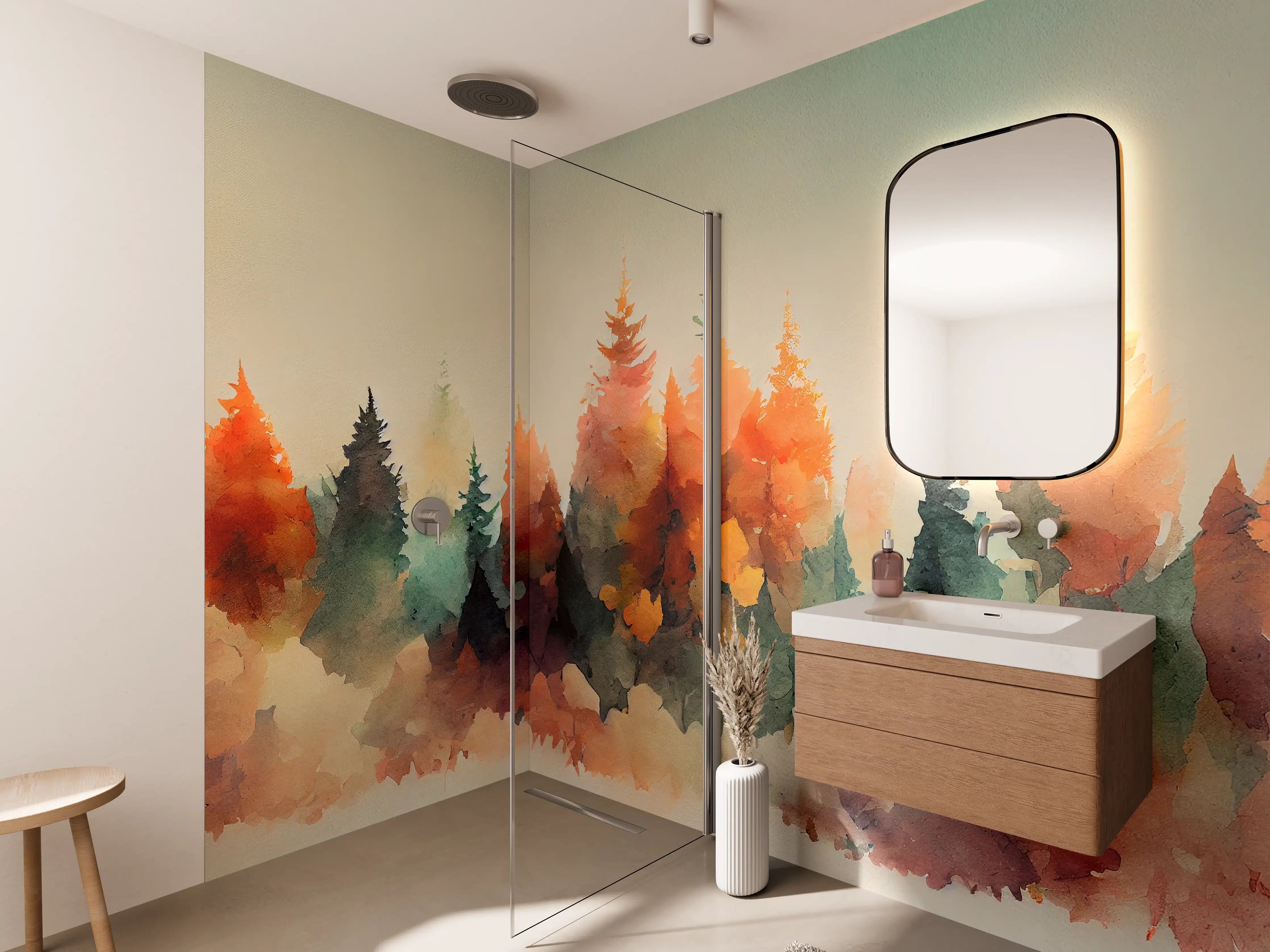 Wandverkleidung Bad - Leuchtende Herbstwälder in Aquarelltechnik