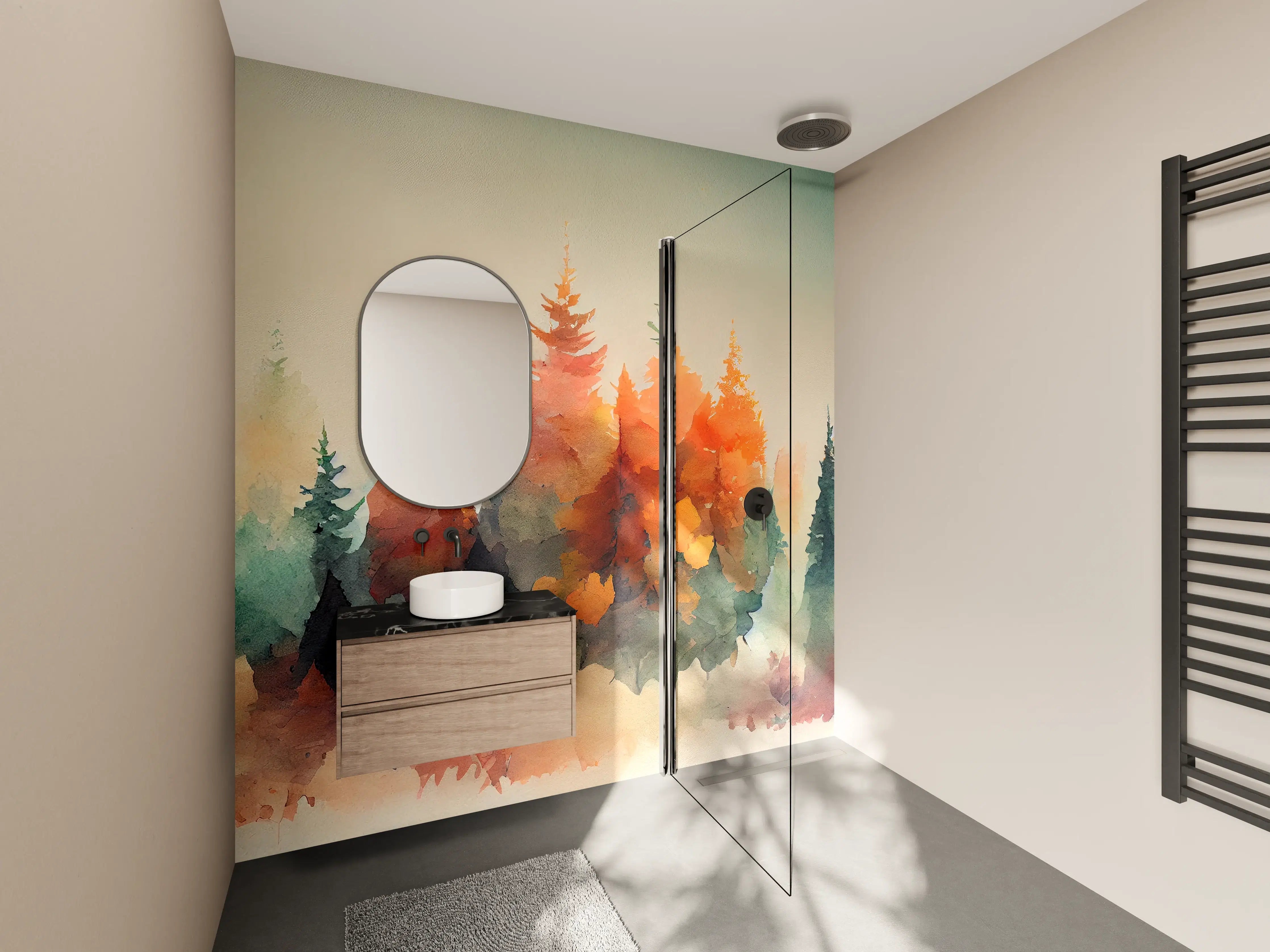 Wandverkleidung Bad - Leuchtende Herbstwälder in Aquarelltechnik