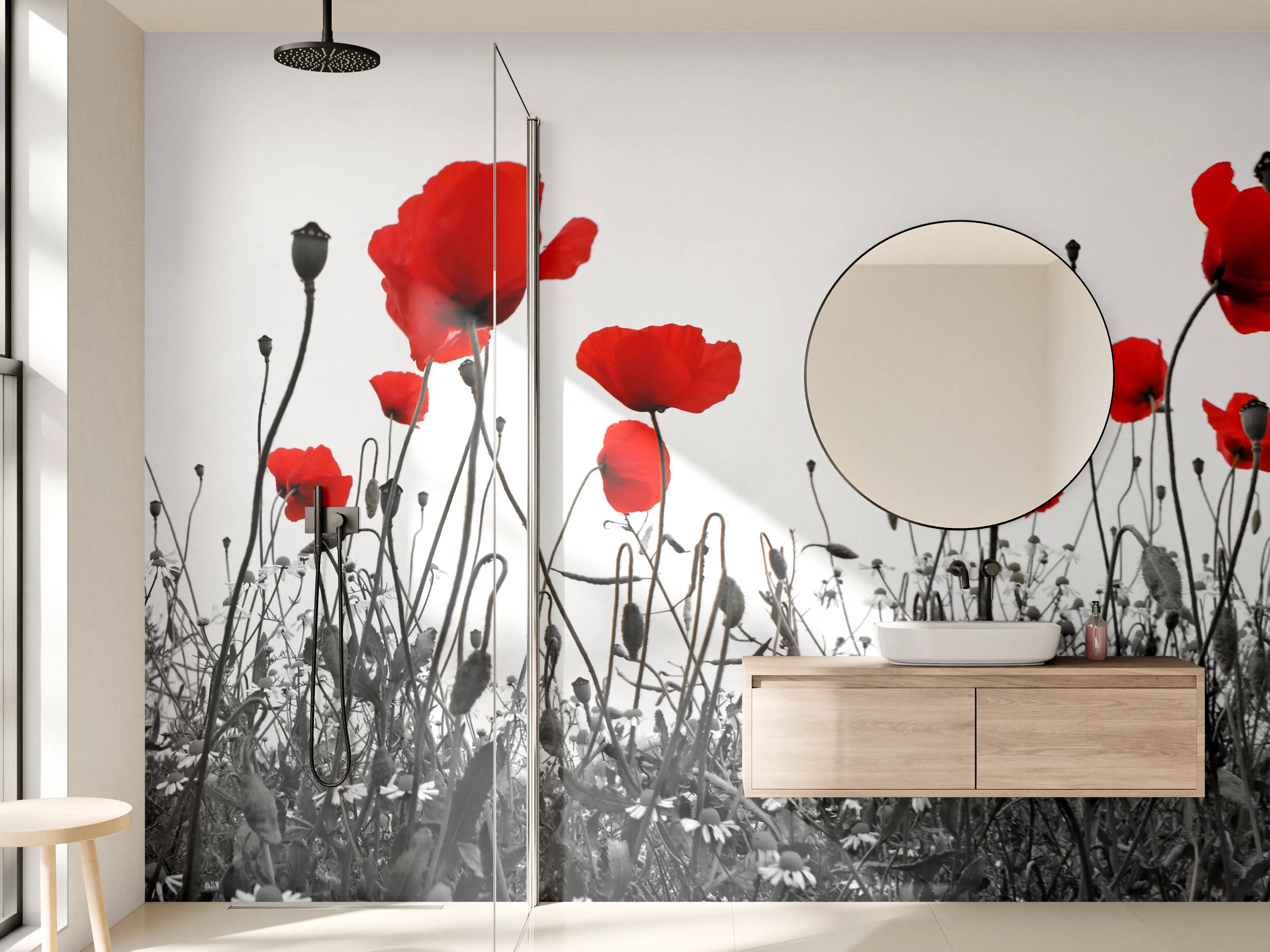 Wandverkleidung Bad - Leuchtende Mohnblumen im Schwarz-Weiß-Hintergrund