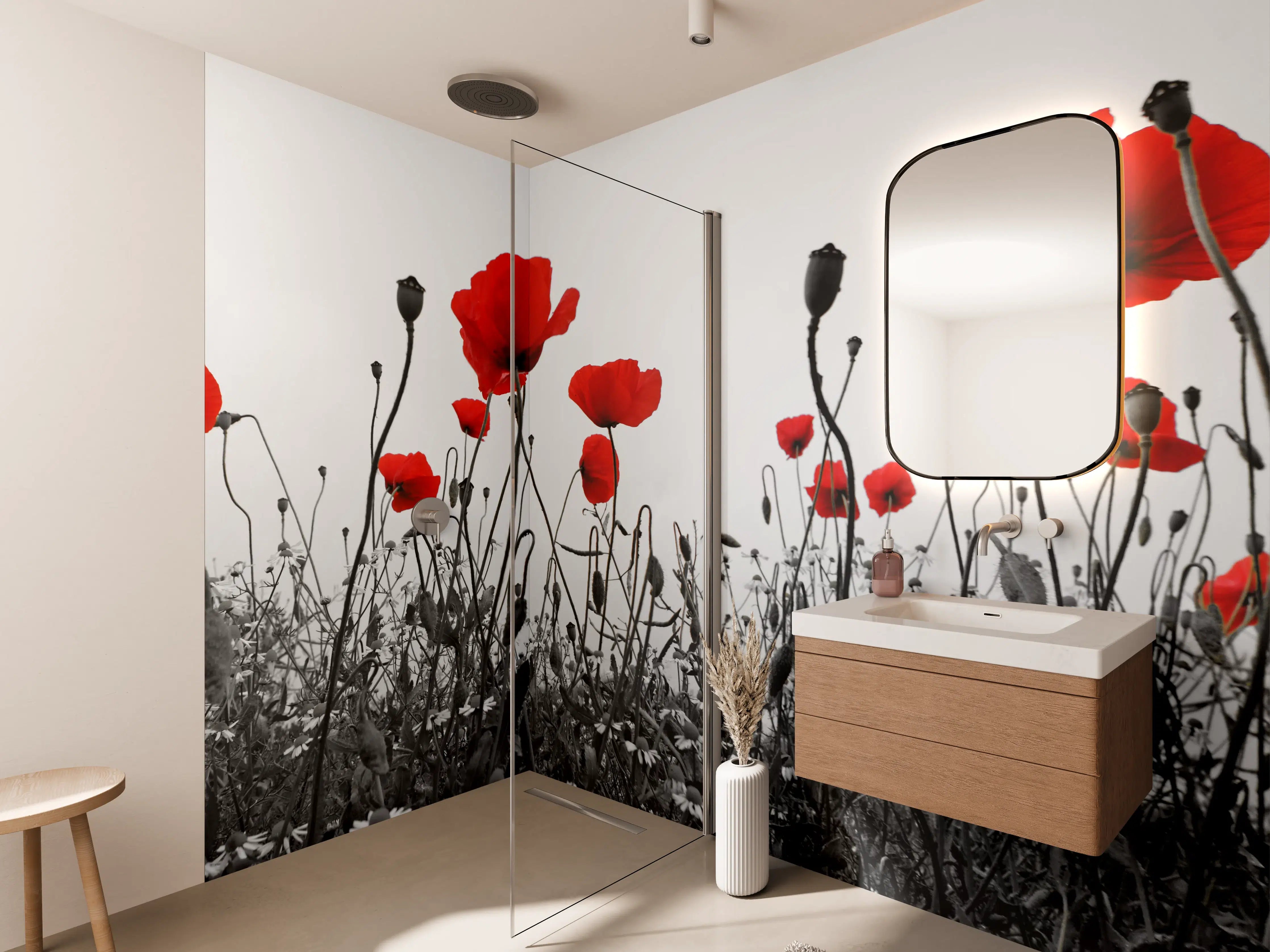Wandverkleidung Bad - Leuchtende Mohnblumen im Schwarz-Weiß-Hintergrund