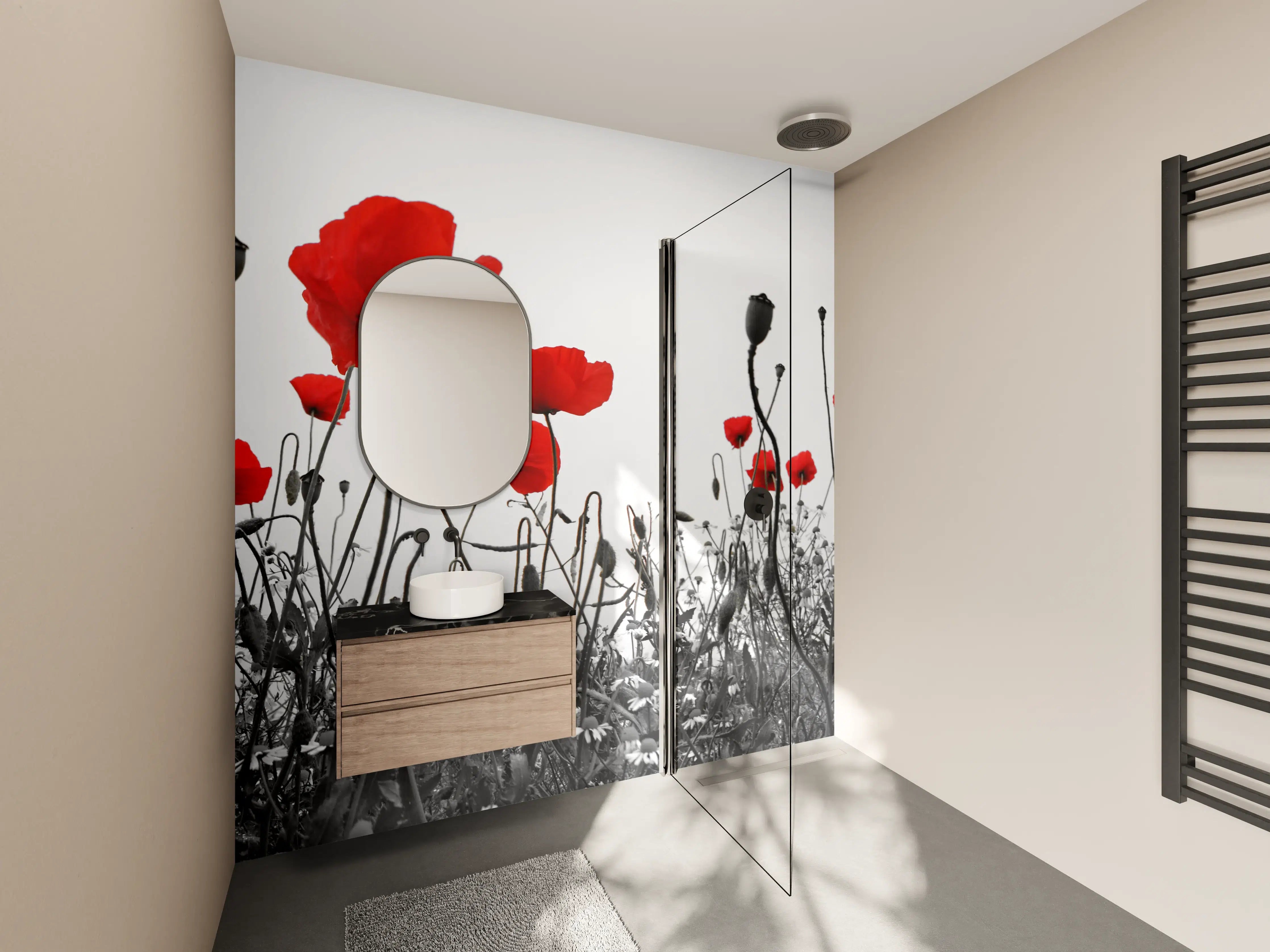 Wandverkleidung Bad - Leuchtende Mohnblumen im Schwarz-Weiß-Hintergrund