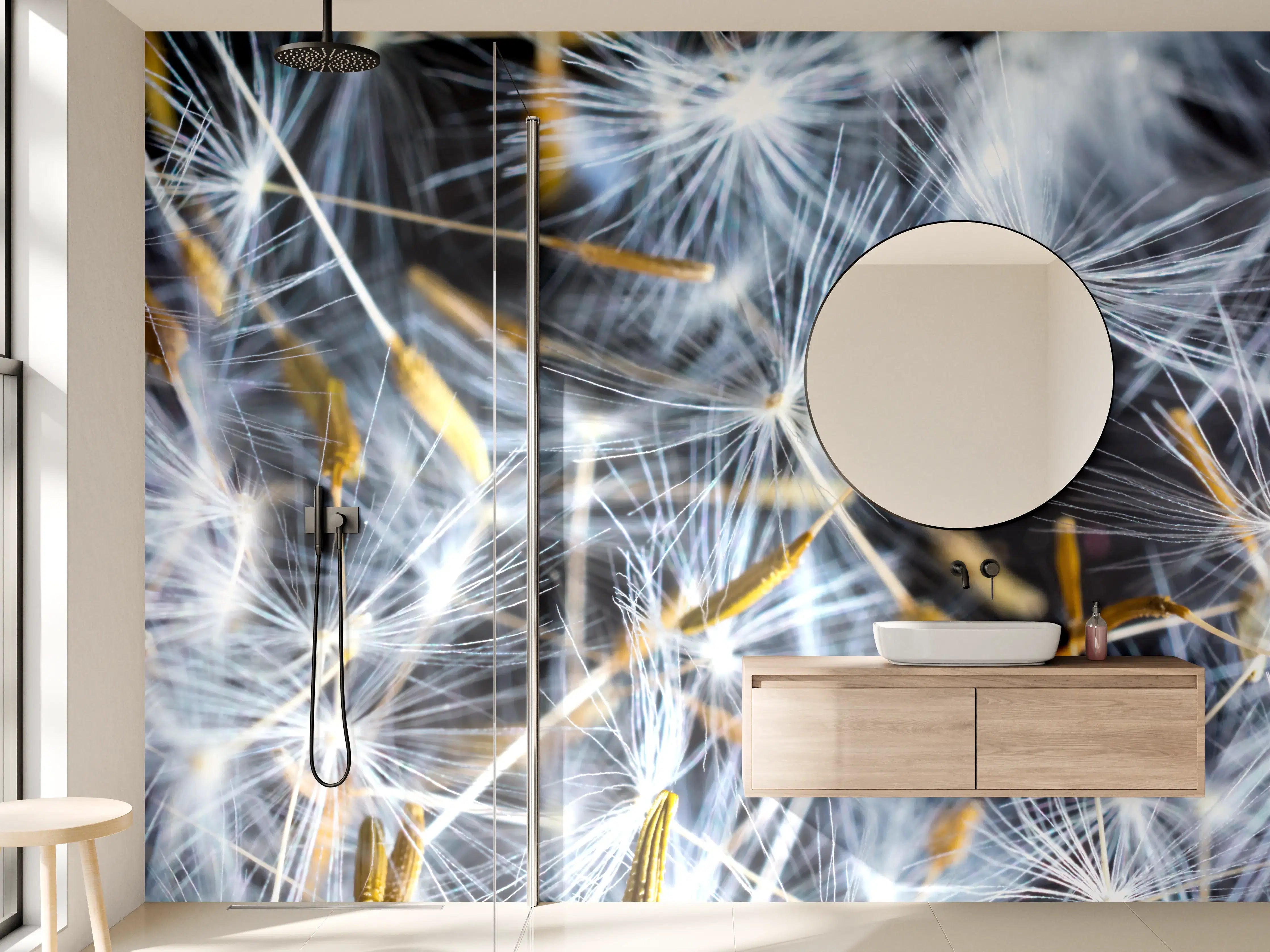 Wandverkleidung Bad - Leuchtende Pusteblumen im Dunkeln