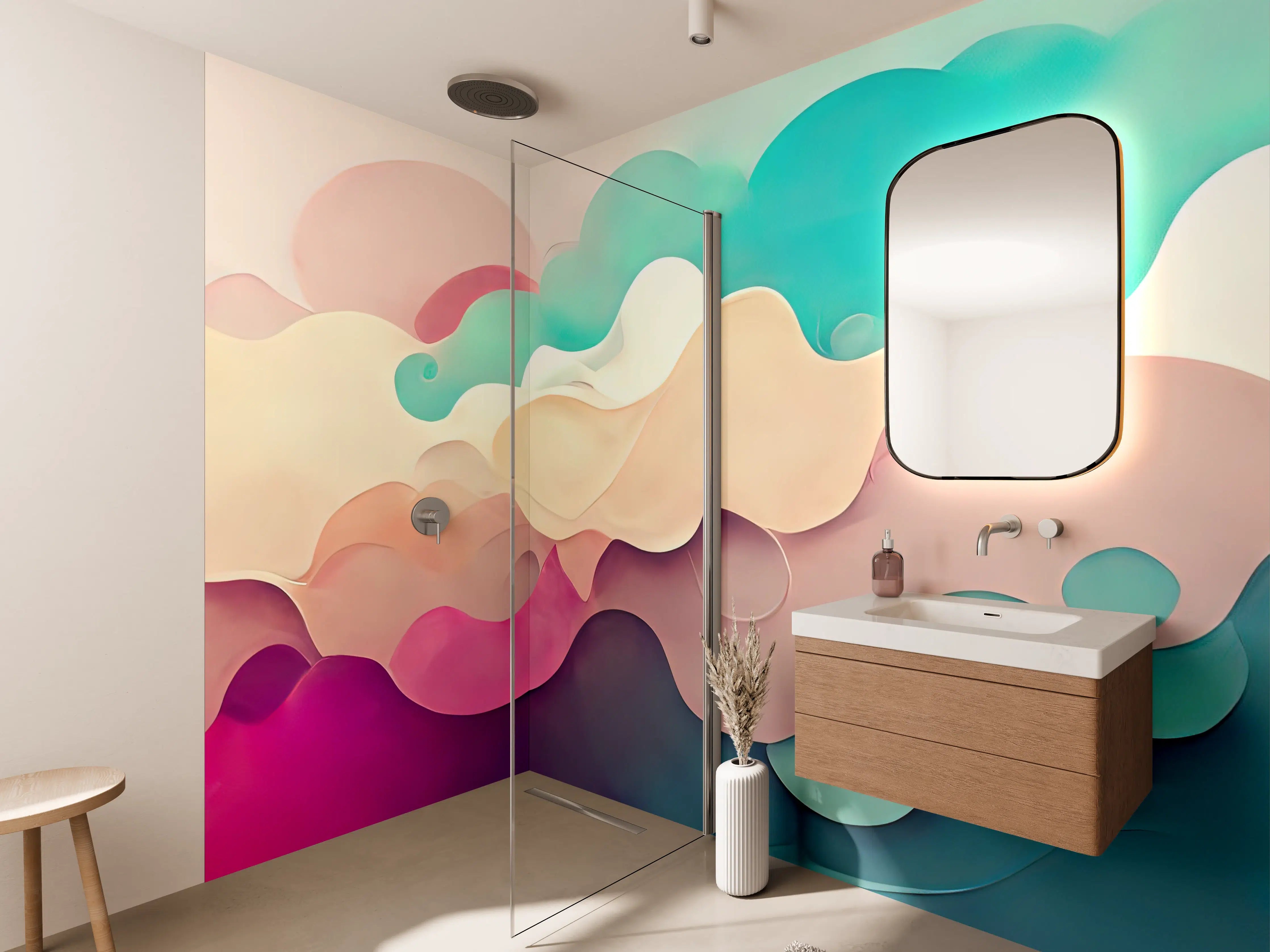 Wandverkleidung Bad - Leuchtende Wolken in Pastellfarben