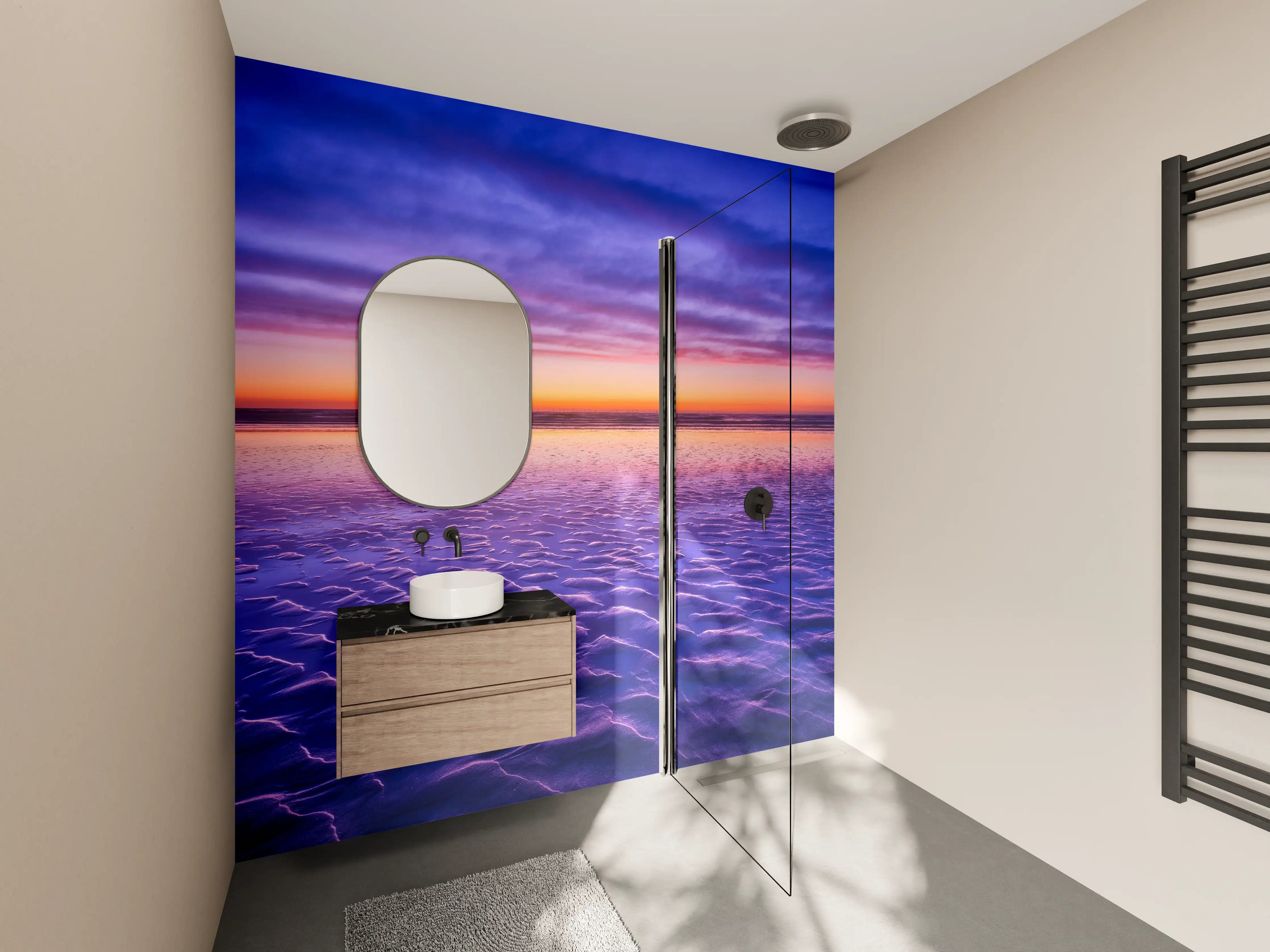 Wandverkleidung Bad - Leuchtender Sonnenuntergang über dem Wasser