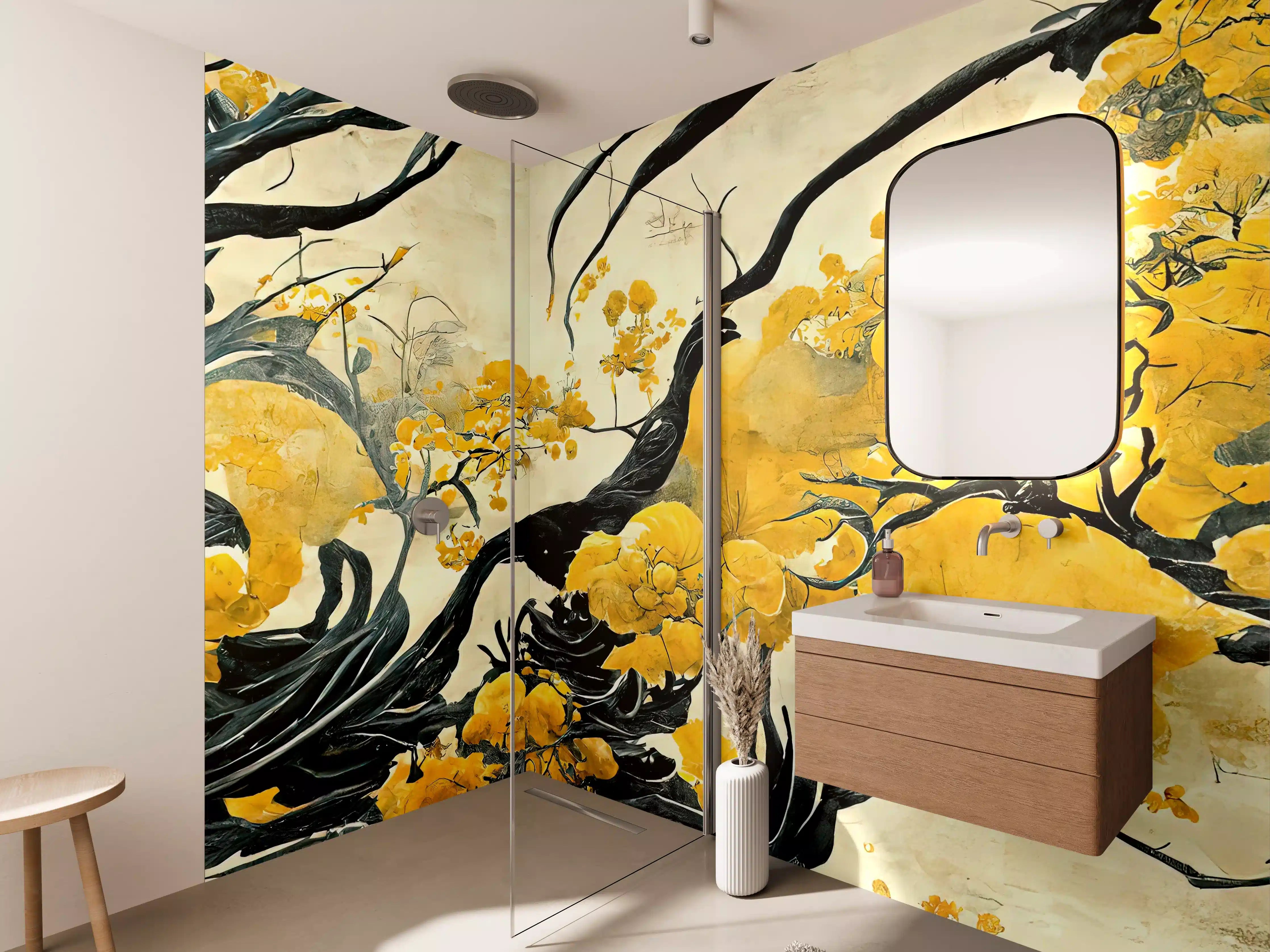 Wandverkleidung Bad - Leuchtender goldener Baum im asiatischen Stil