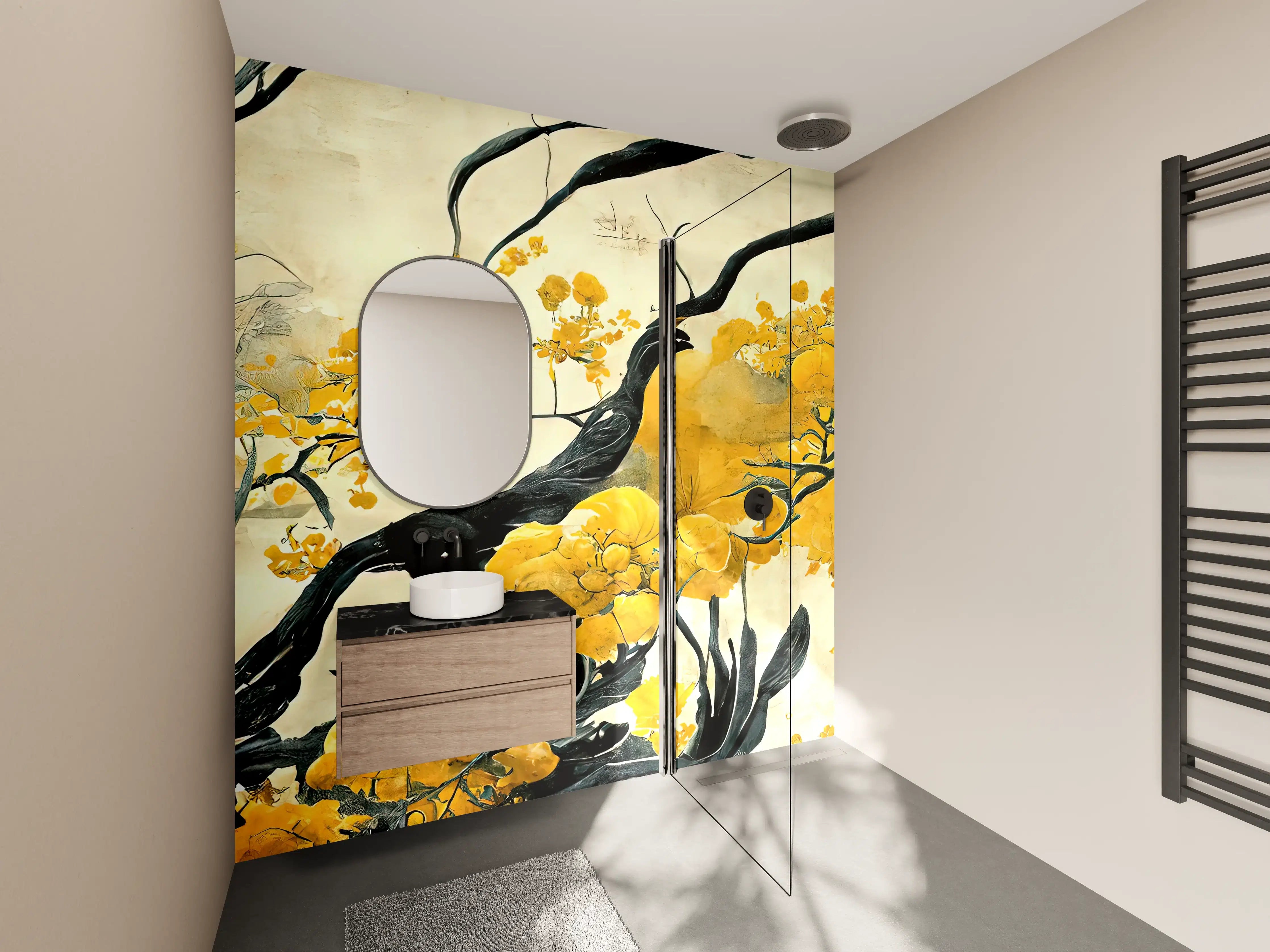 Wandverkleidung Bad - Leuchtender goldener Baum im asiatischen Stil