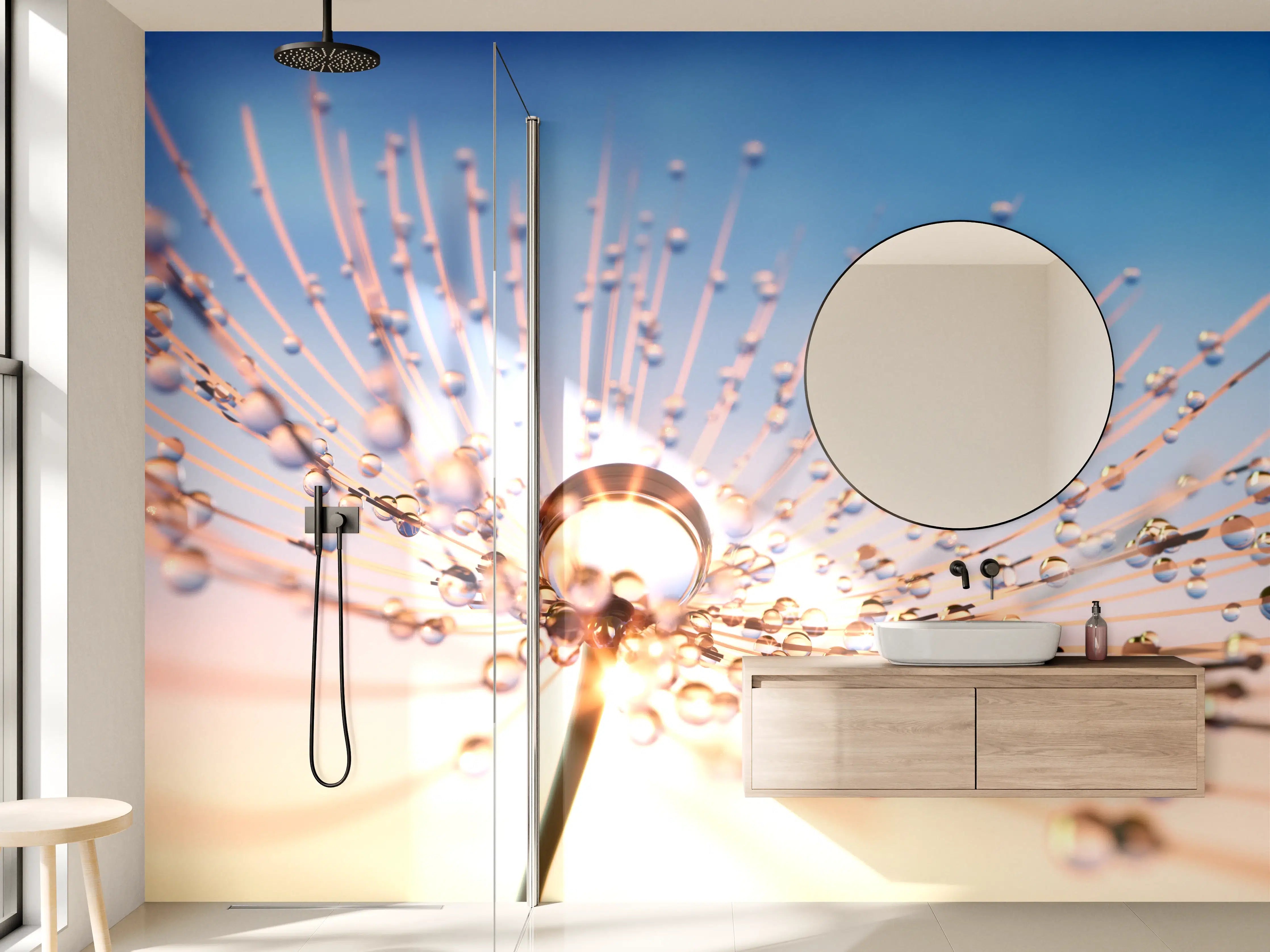 Wandverkleidung Bad - Leuchttropfen auf Pusteblume bei Sonnenaufgang