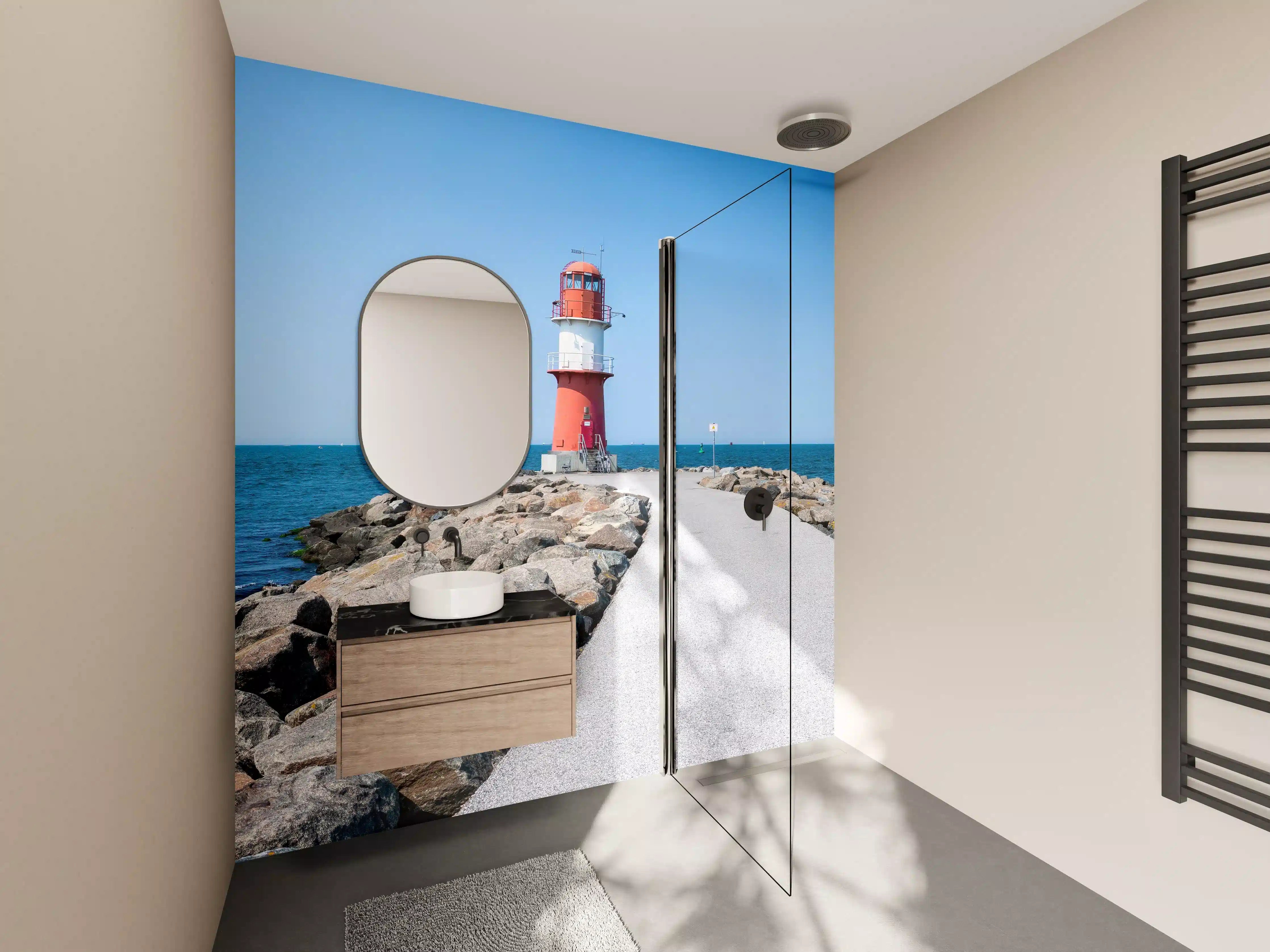 Wandverkleidung Bad - Leuchtturm am Meer