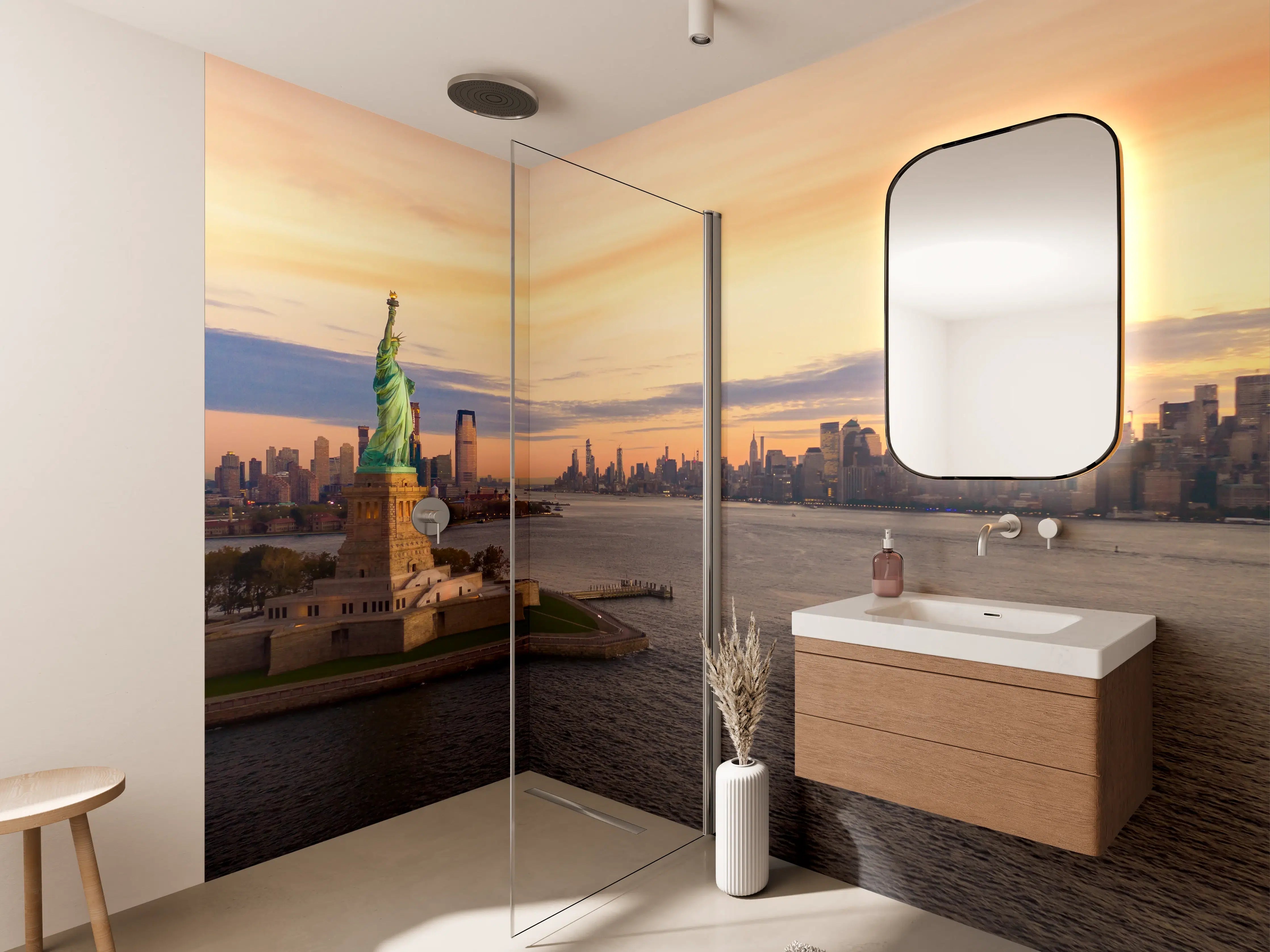 Wandverkleidung Bad - Leuchtturm mit Blick auf New York bei Sonnenuntergang