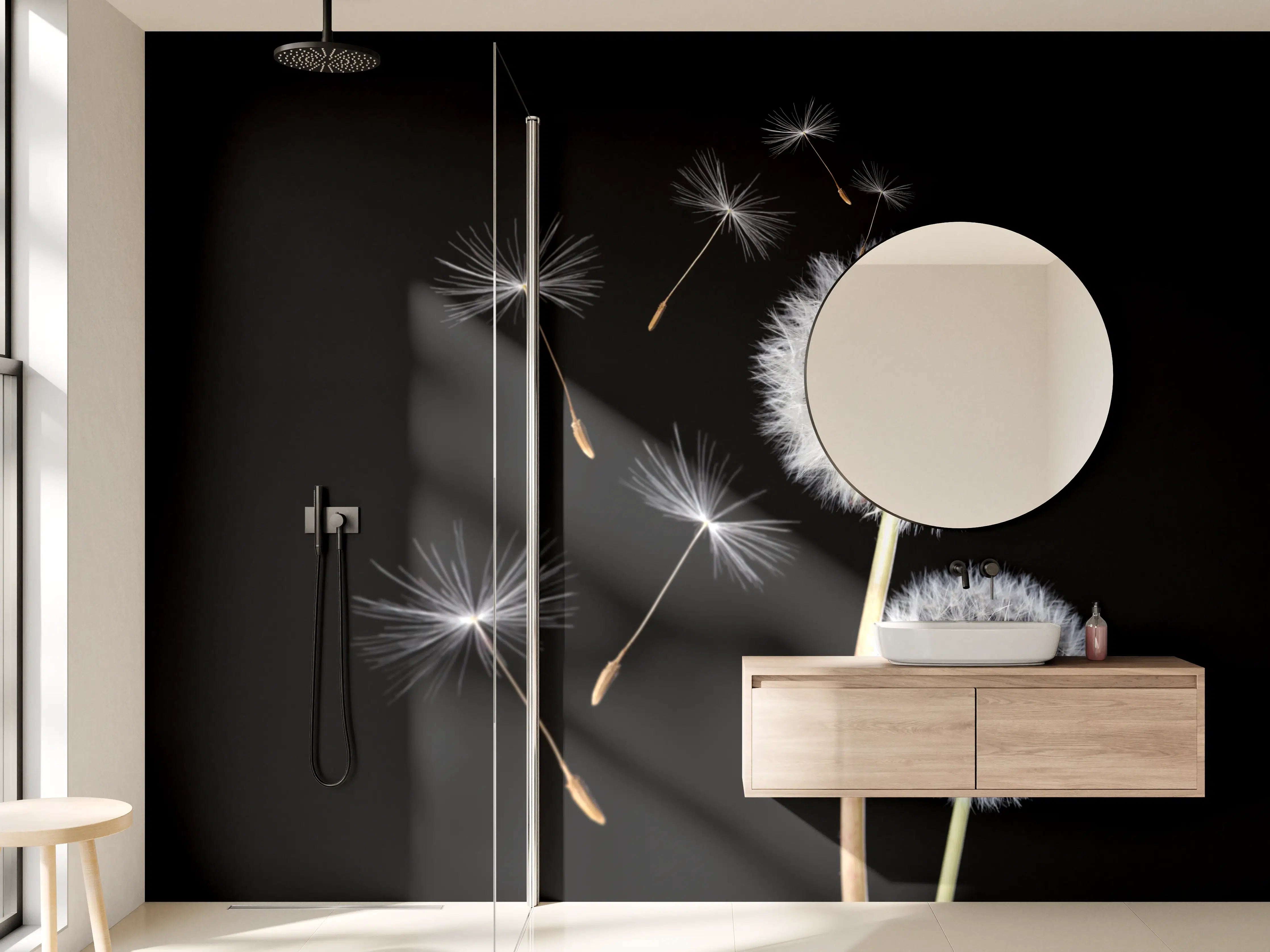 Wandverkleidung Bad - Löwenzahn auf schwarzem Hintergrund