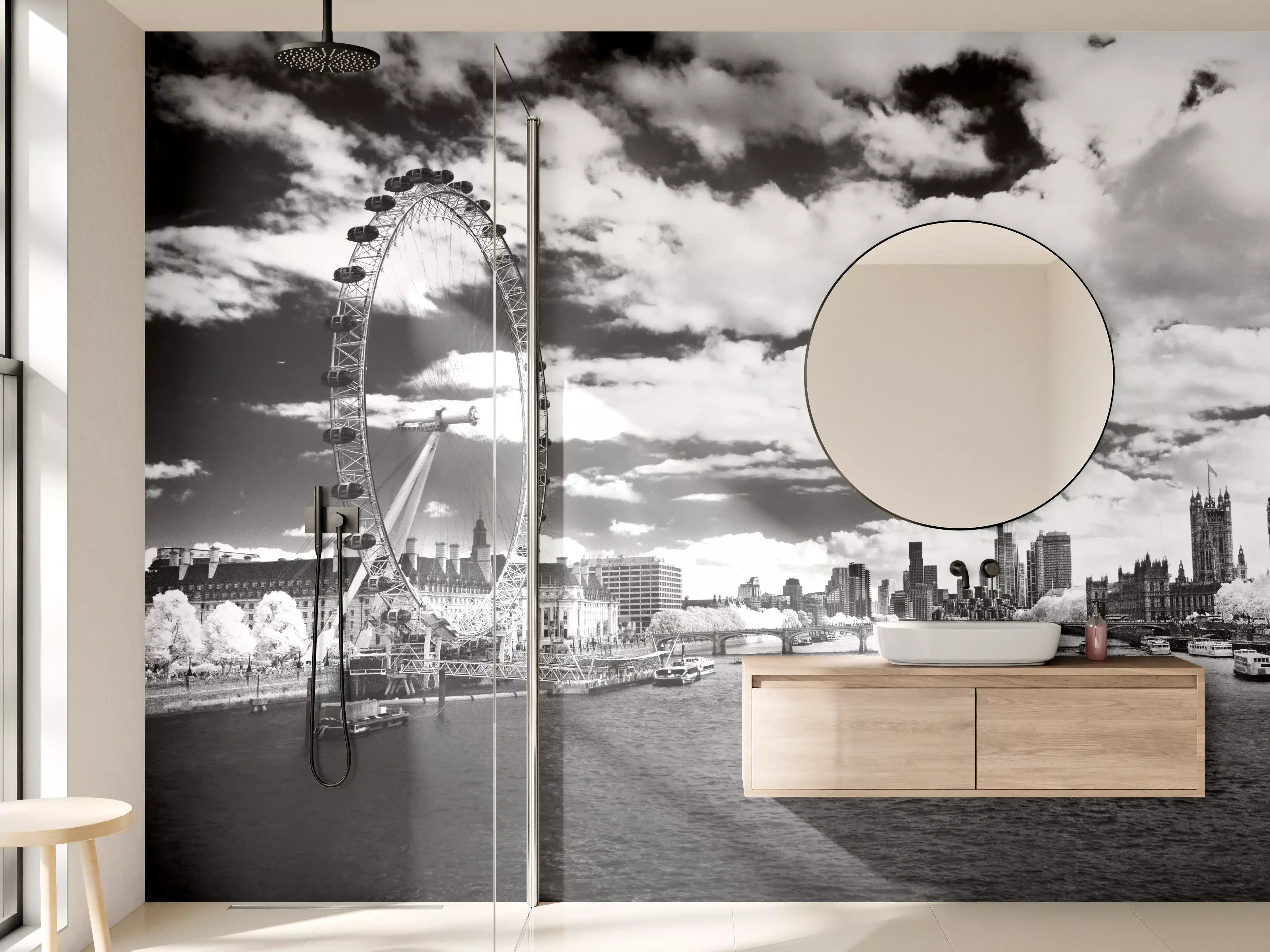 Wandverkleidung Bad - London Panorama in Schwarz-Weiß