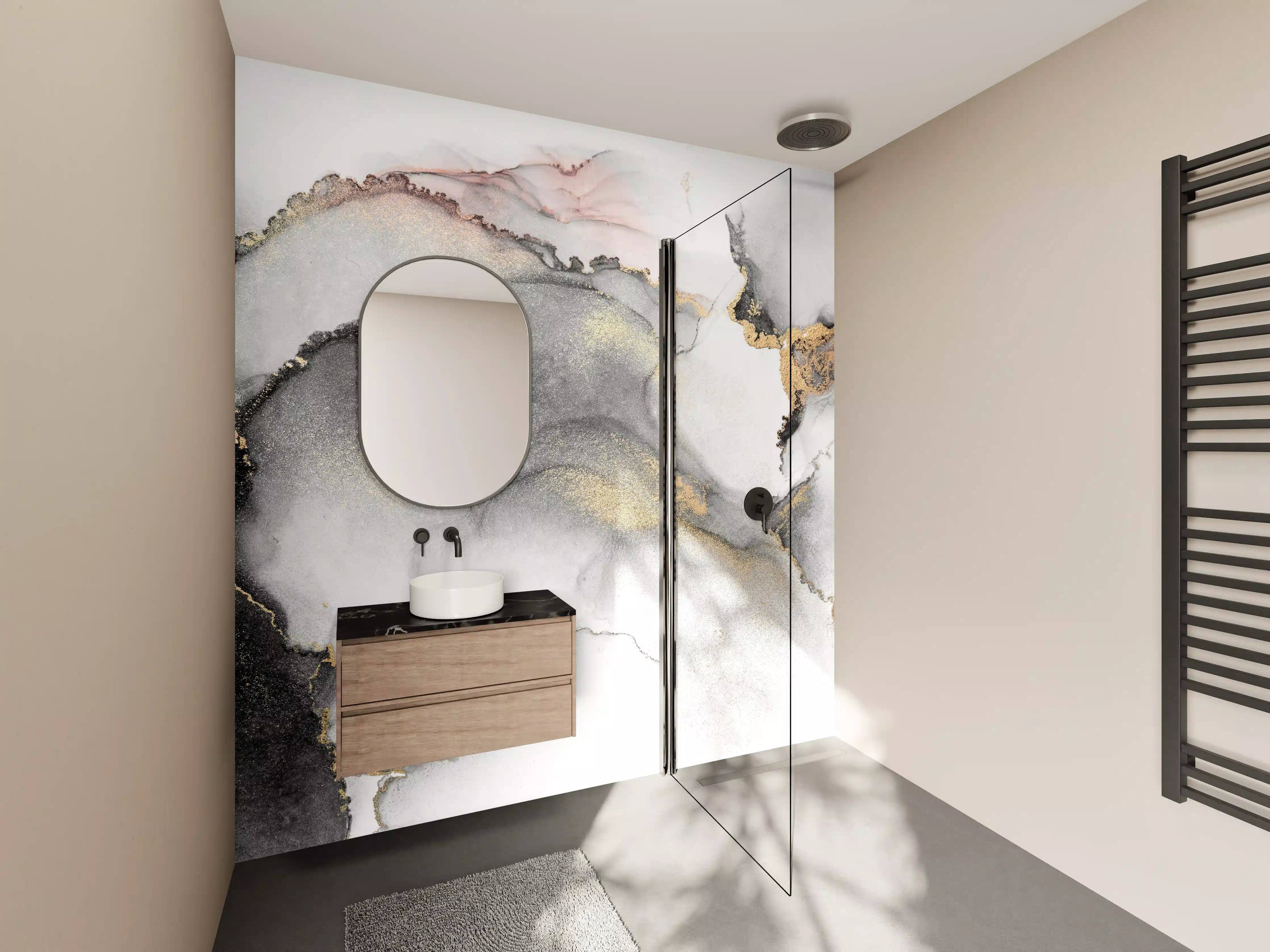 Wandverkleidung Bad - Luxuriöse Marmor-Textur in Grau-Gold-Weiß