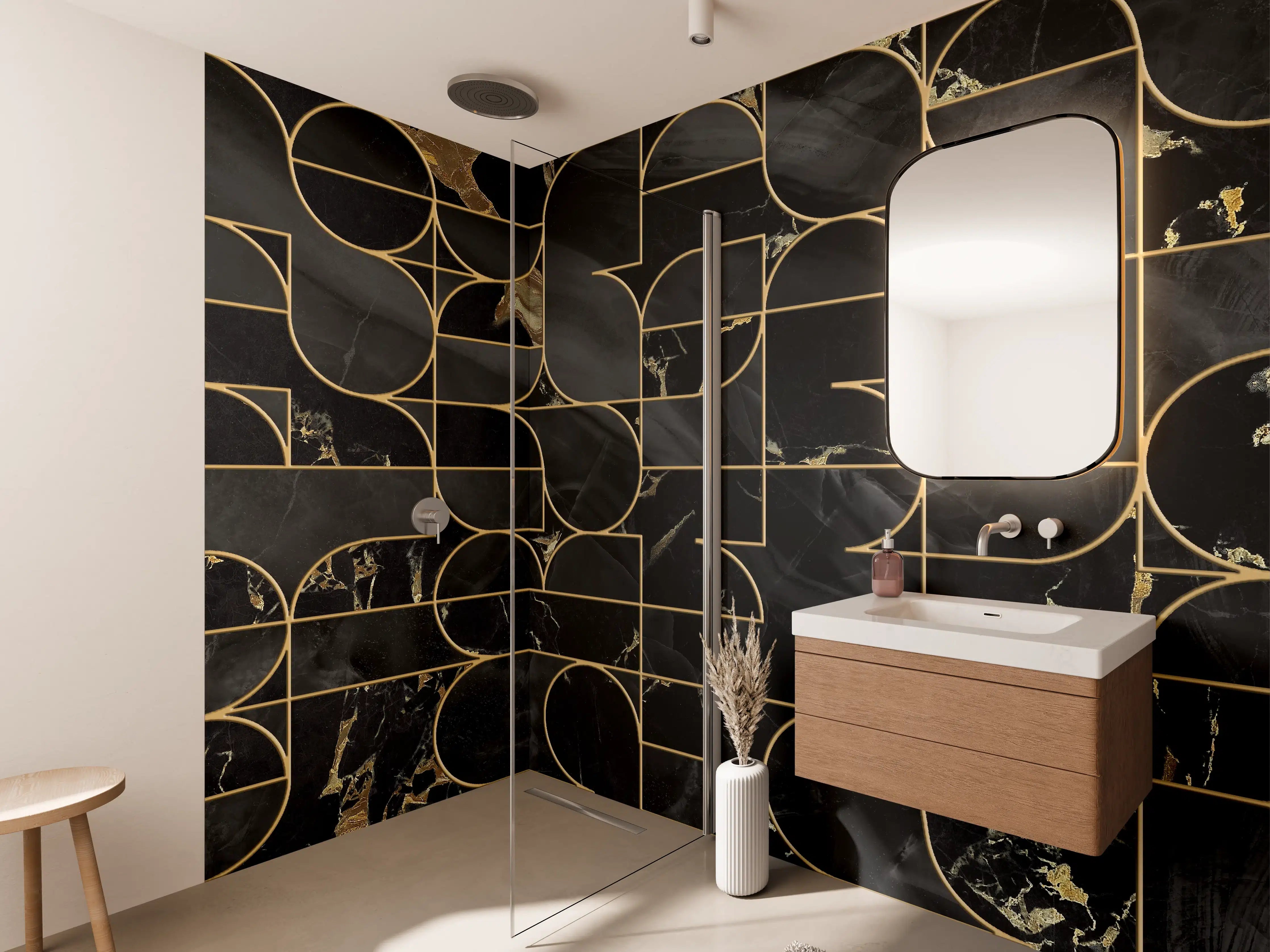 Wandverkleidung Bad - Luxuriöse schwarze Marmor-Textur mit Goldakzenten