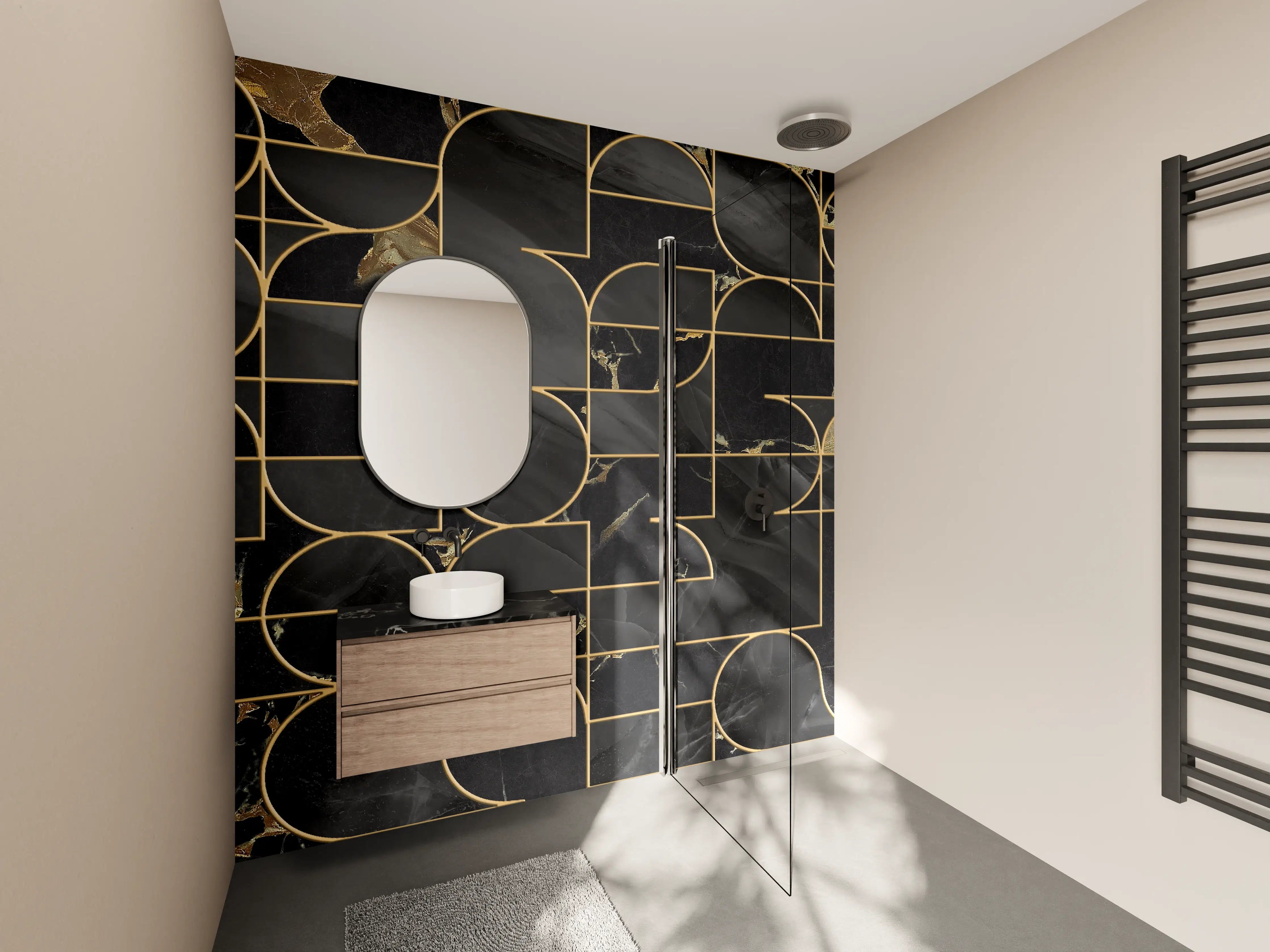 Wandverkleidung Bad - Luxuriöse schwarze Marmor-Textur mit Goldakzenten