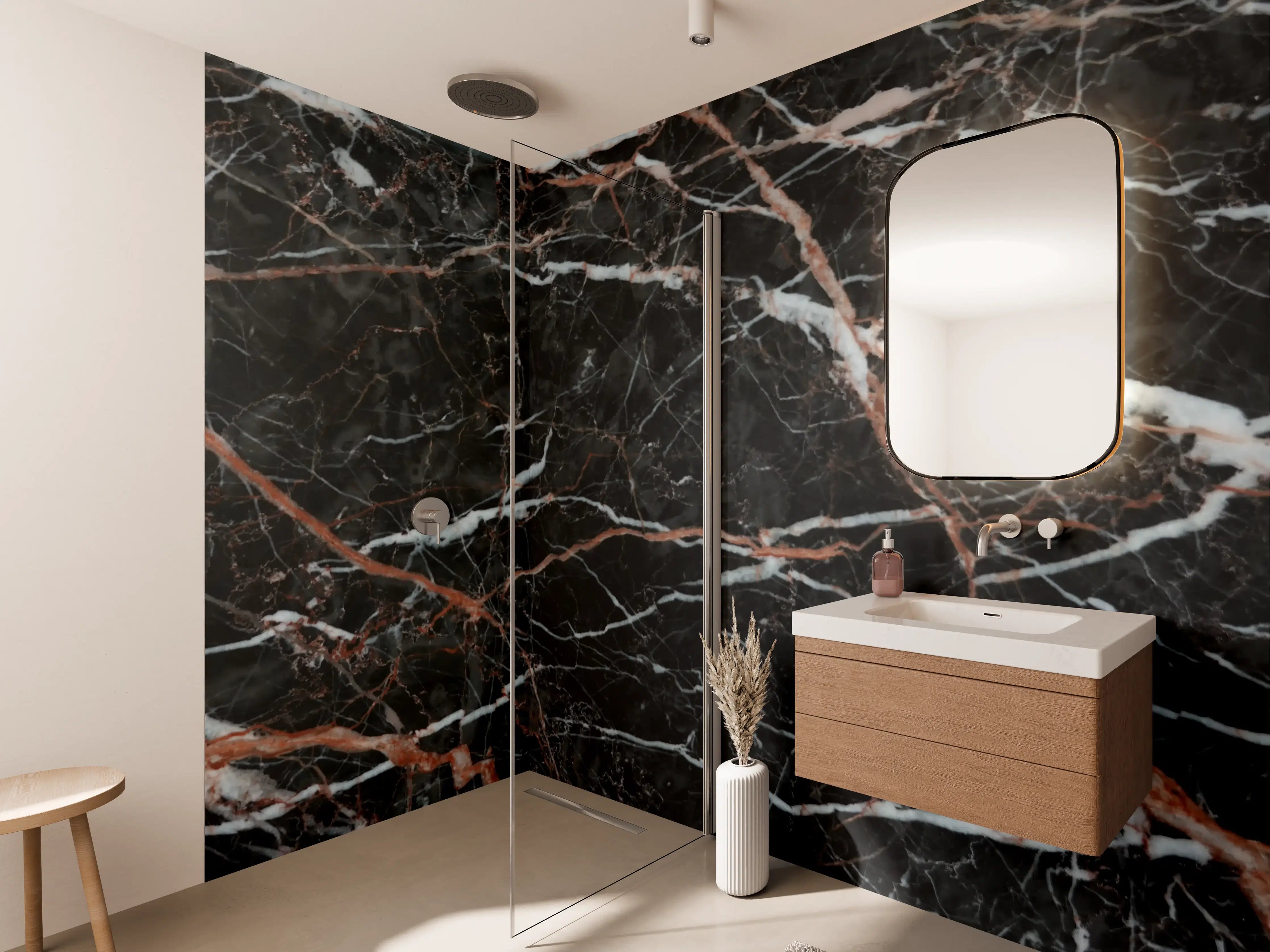 Wandverkleidung Bad - Luxuriöse schwarze Marmor-Textur mit weißen und kupferfarbenen Adern