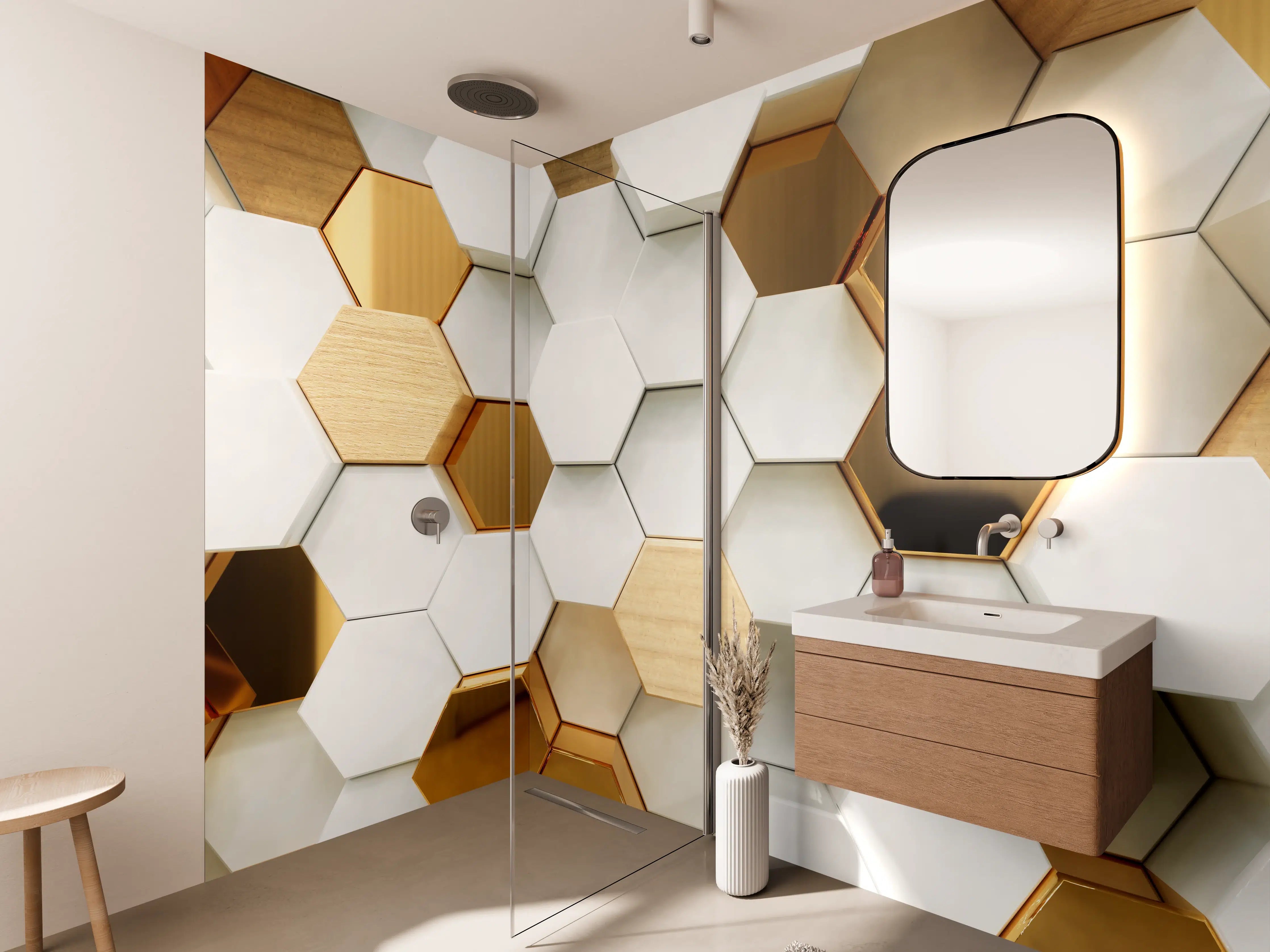 Wandverkleidung Bad - Luxuriöser Weiß-Gold-Hexagon-Hintergrund