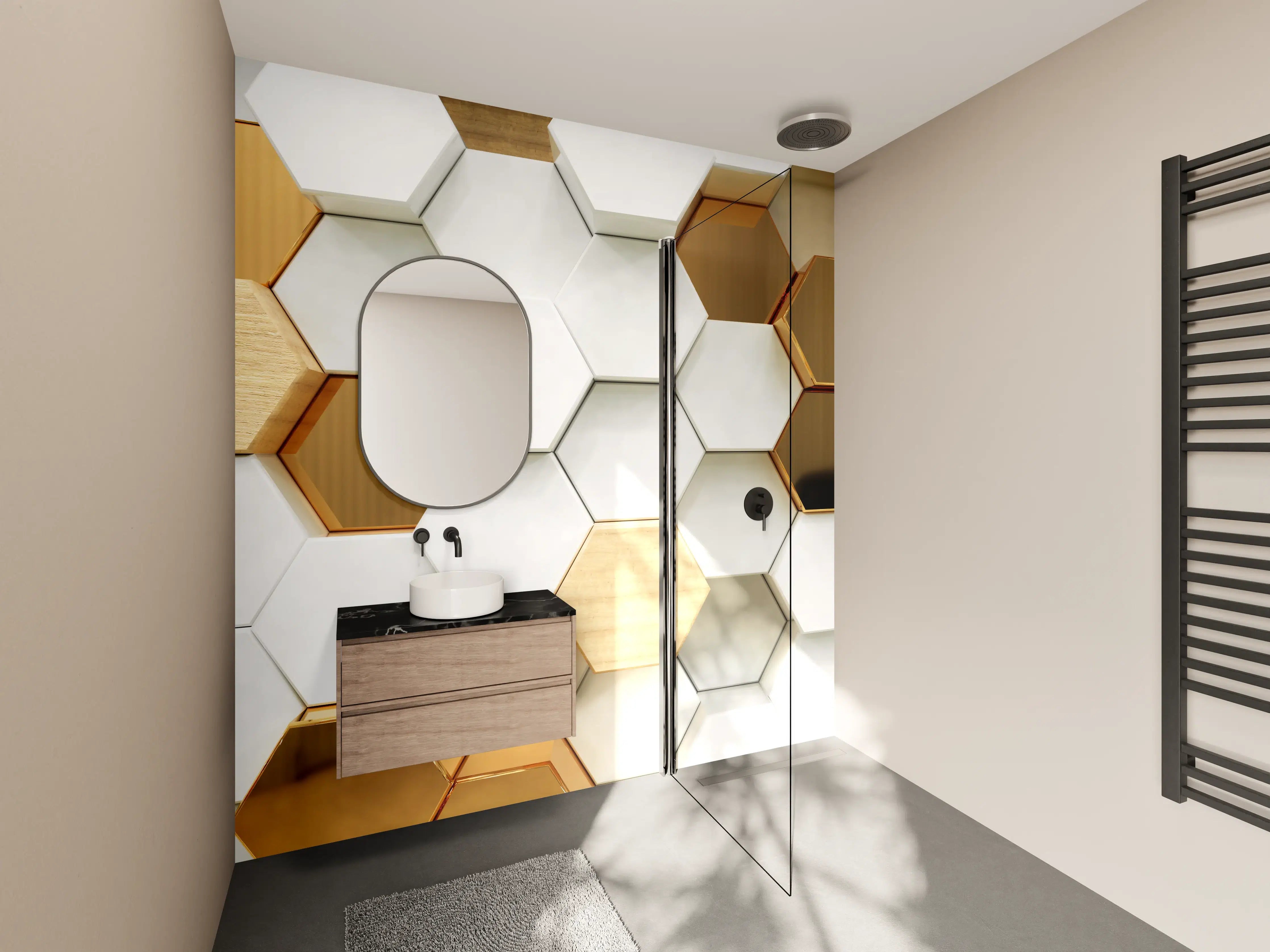 Wandverkleidung Bad - Luxuriöser Weiß-Gold-Hexagon-Hintergrund