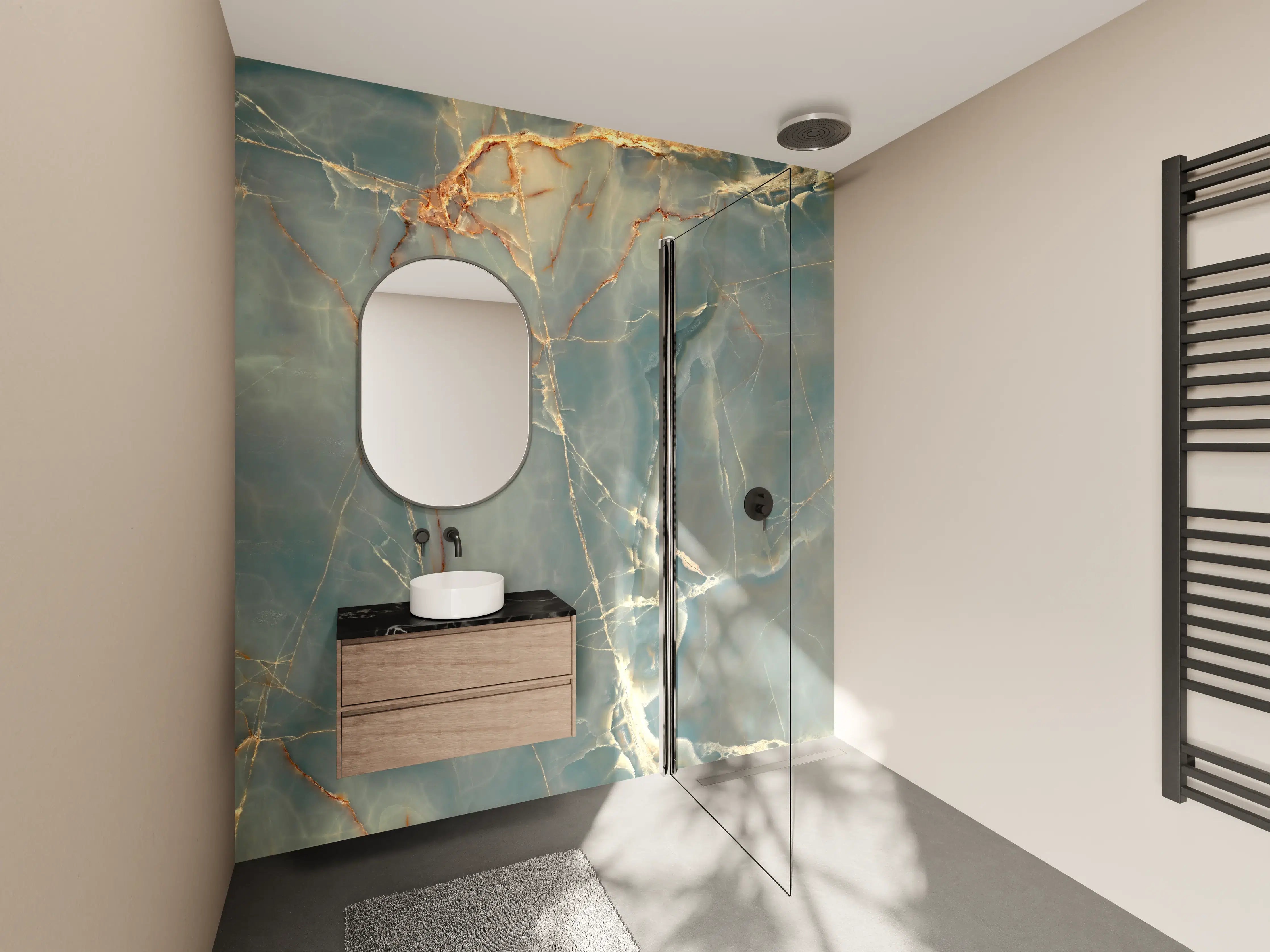 Wandverkleidung Bad - Luxus-Marmor mit goldenen Akzenten