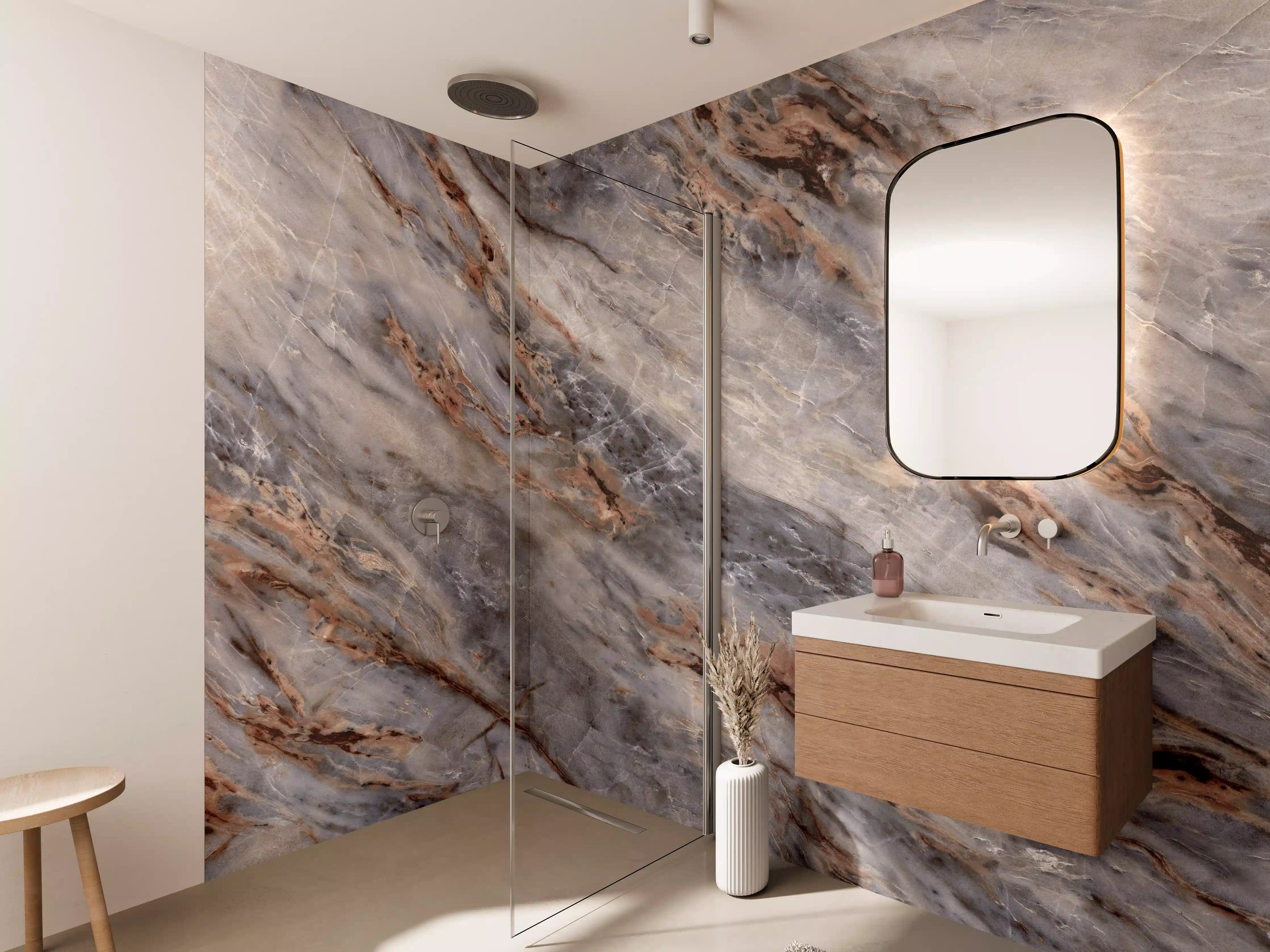 Wandverkleidung Bad - Luxus-Weiße Marmor-Textur mit Grau- und Copper-Akzenten