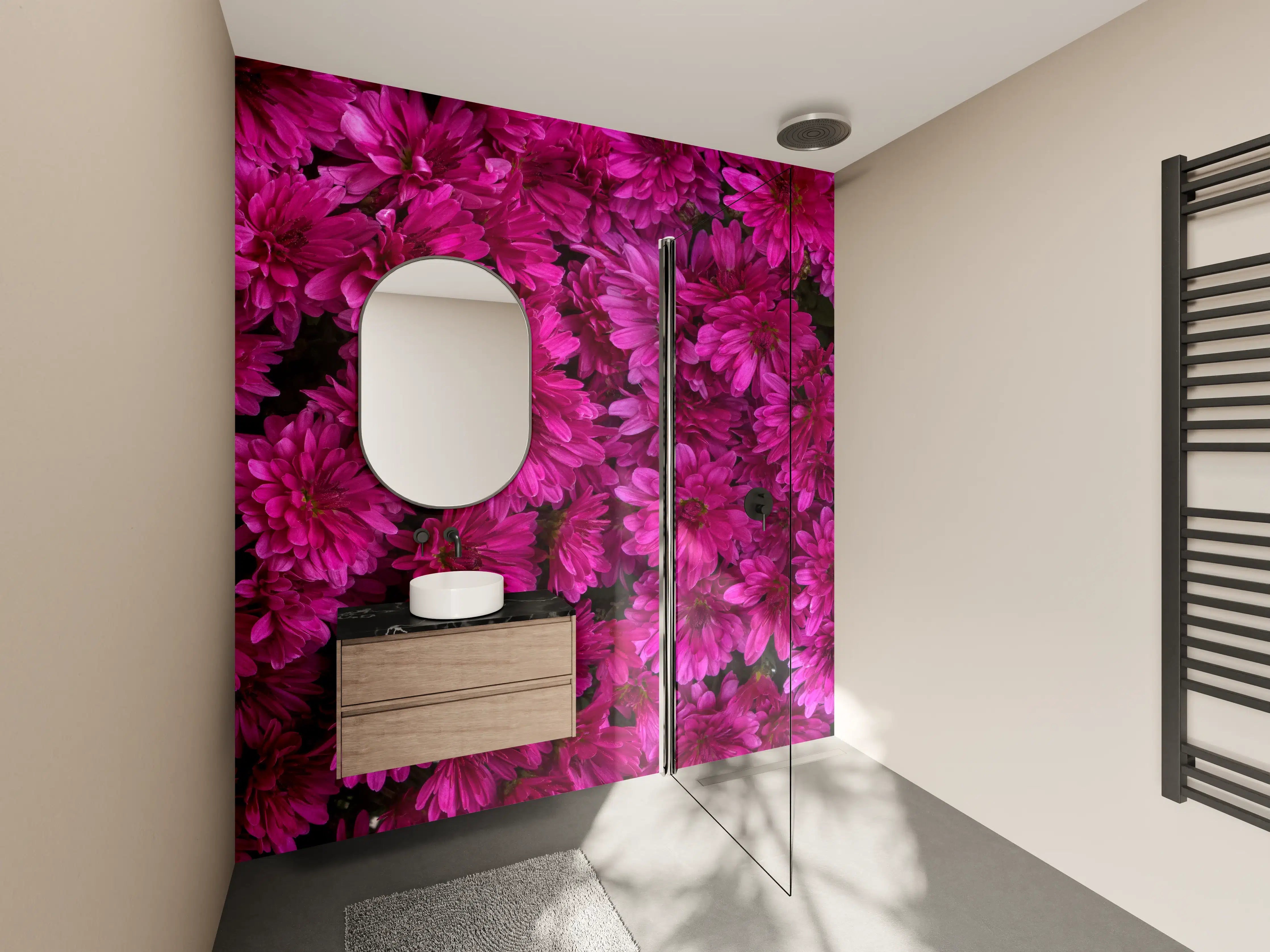 Wandverkleidung Bad - Magenta Blüten von Chrysanthemen