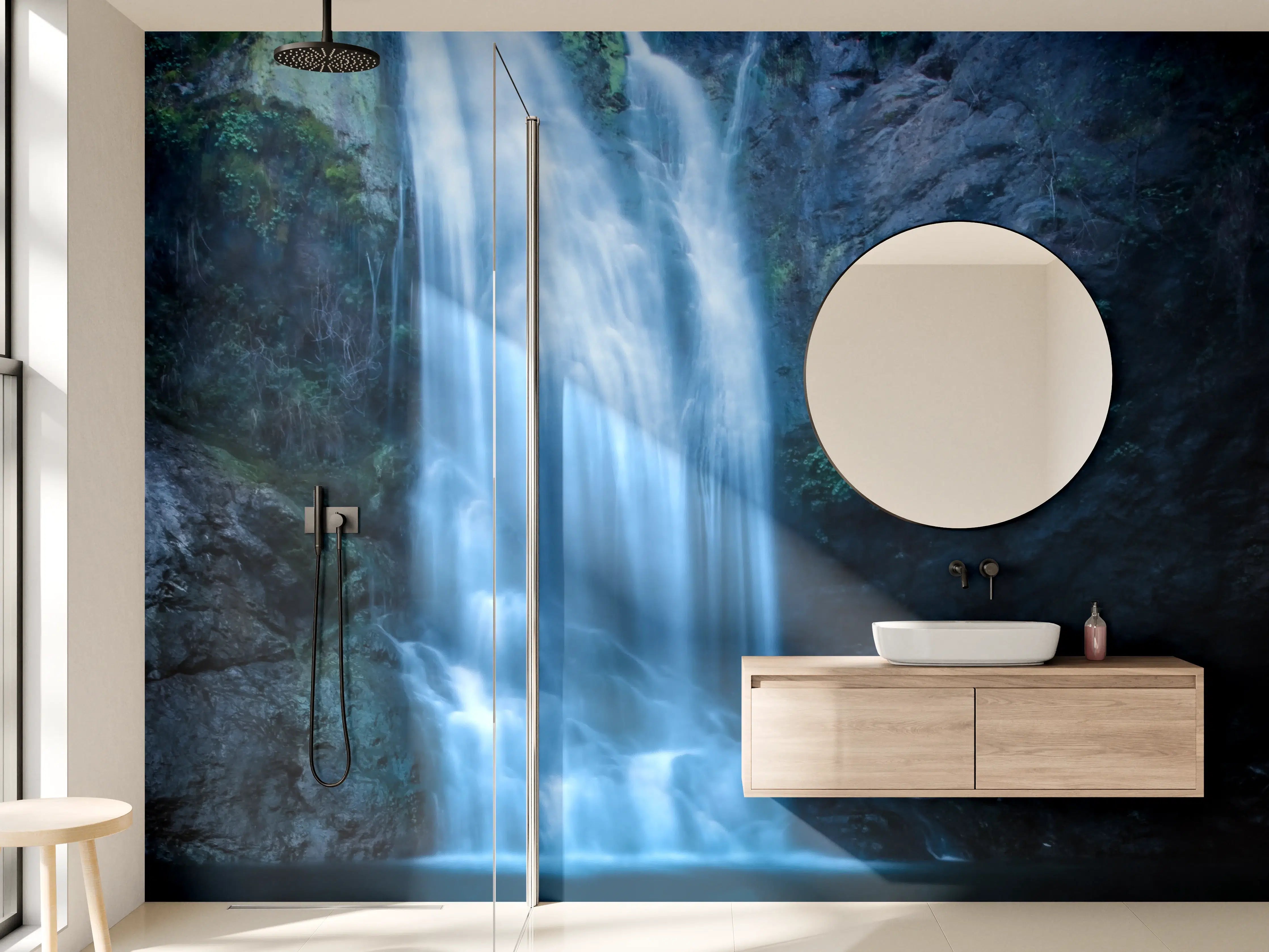 Wandverkleidung Bad - Majestärer Wasserfall in Naturkulisse