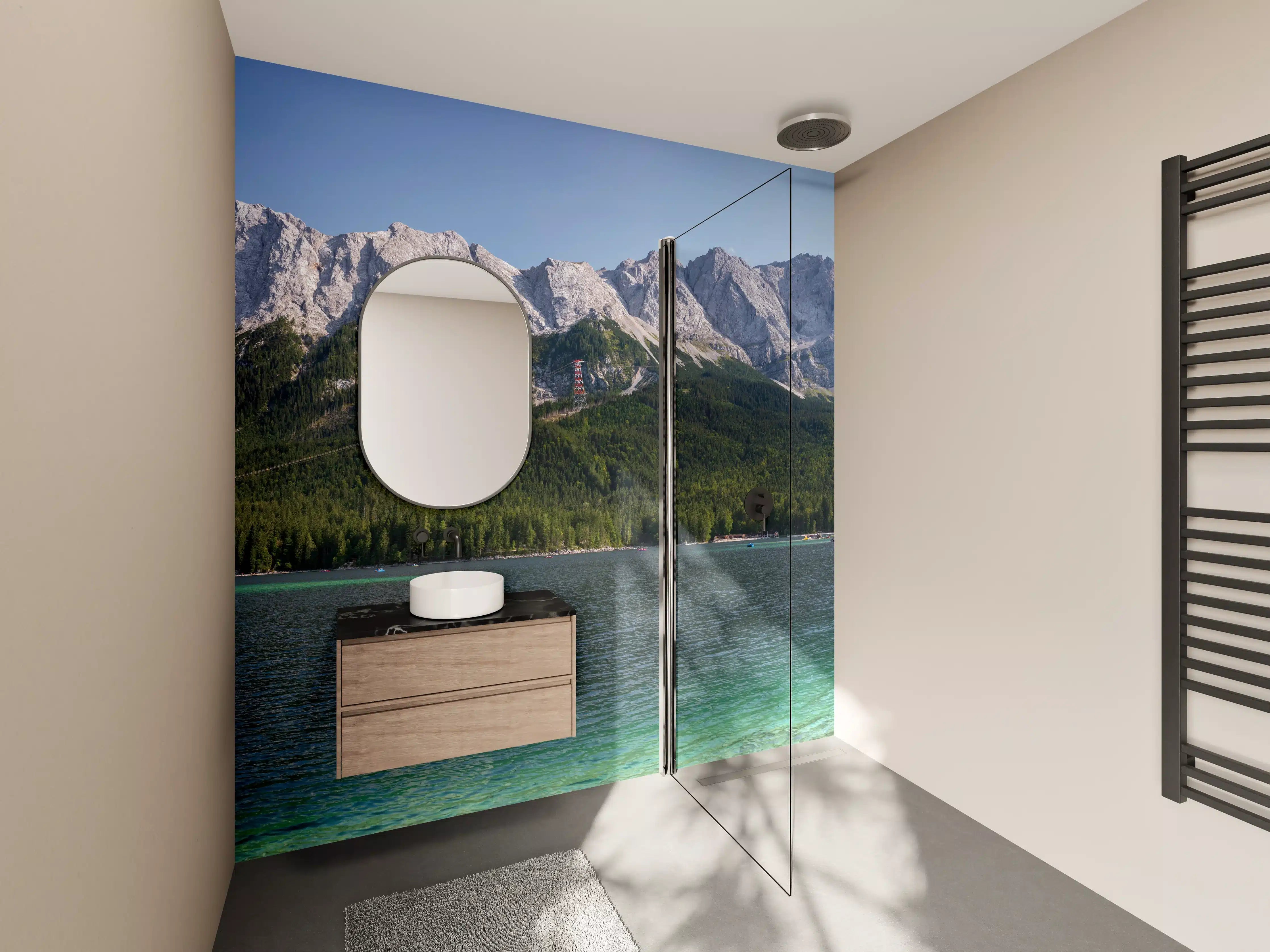 Wandverkleidung Bad - Majestätische Berge mit grünem Wald und See